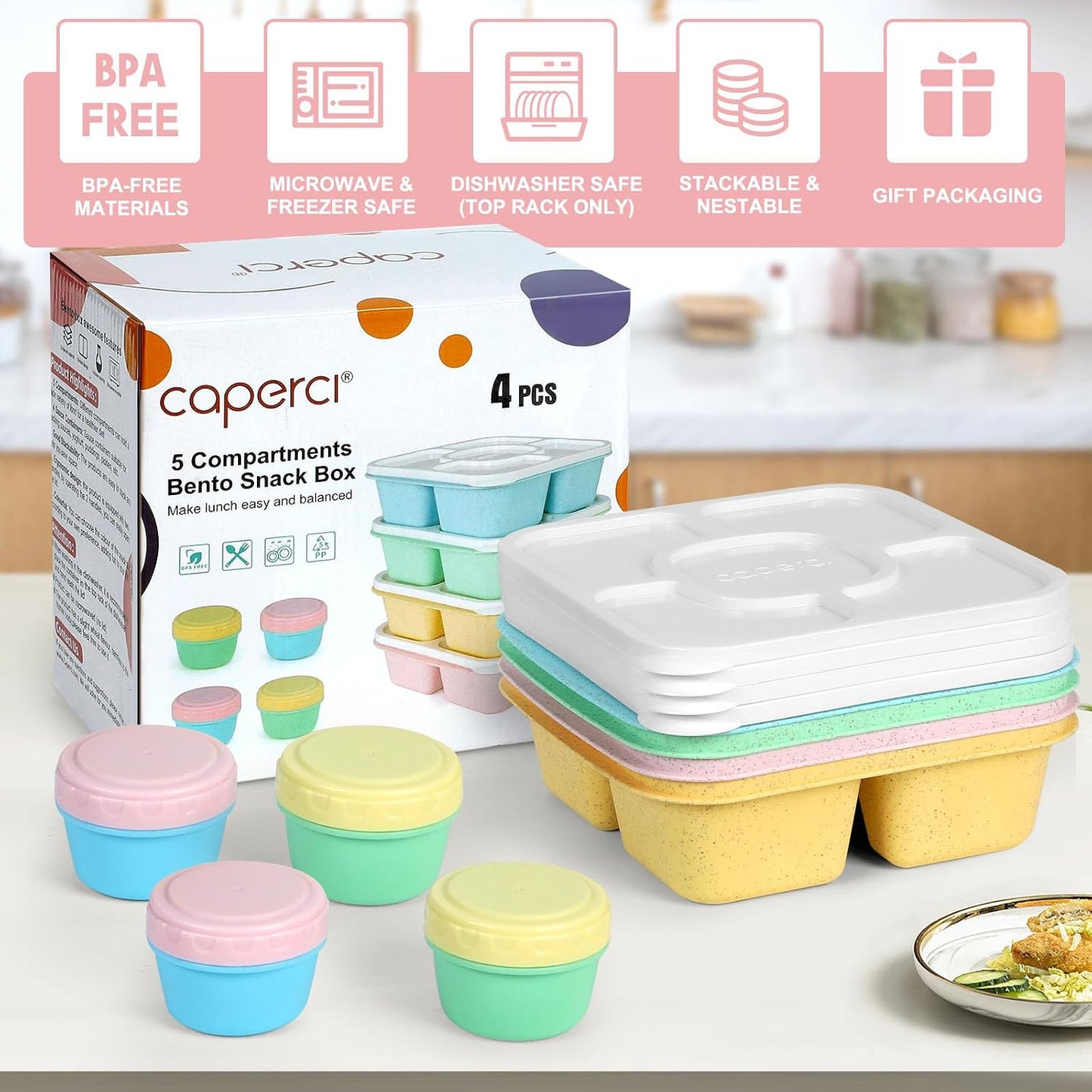 Caperci Original Lunchable Snack Containers for Kids & Adults - 5 Compartments Bento Snack Boxes with 4 Leakproof Small Containers, Wheat Straw, BPA-Free, Set of 4 (Vintage Colors)