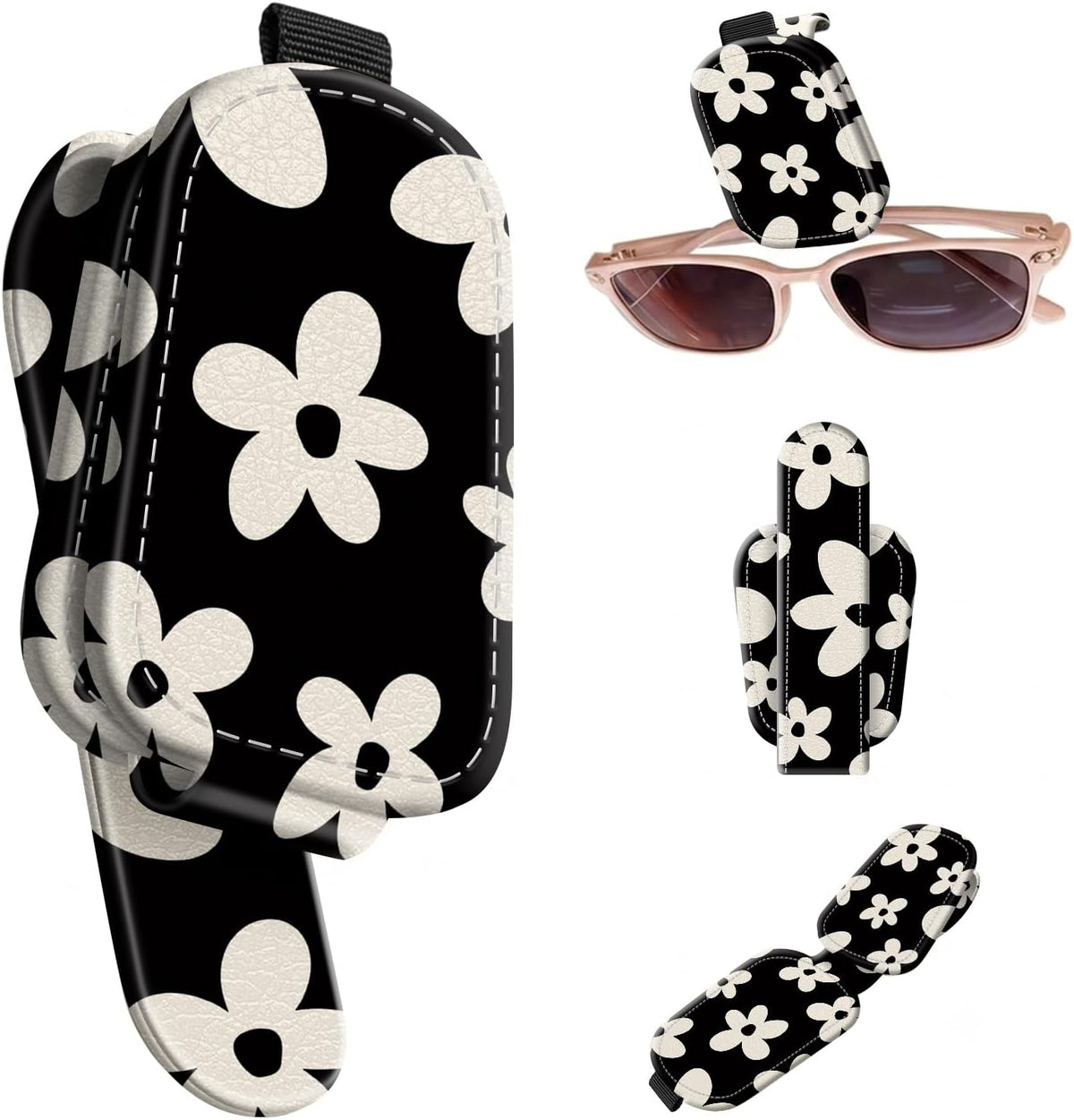Sunglasses Holder for Car Visor, PU Leather Glasses Clip Organizer, Cute Magnetic Eyeglass Holder for Vehicle Sun Visor, Car Interior Accessory for Women & Men, Daisy Flower