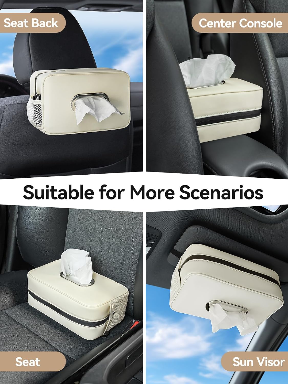 Multi-Functional Car Tissue Holder with ‌2 Storage Nets, Tissue Box Cover