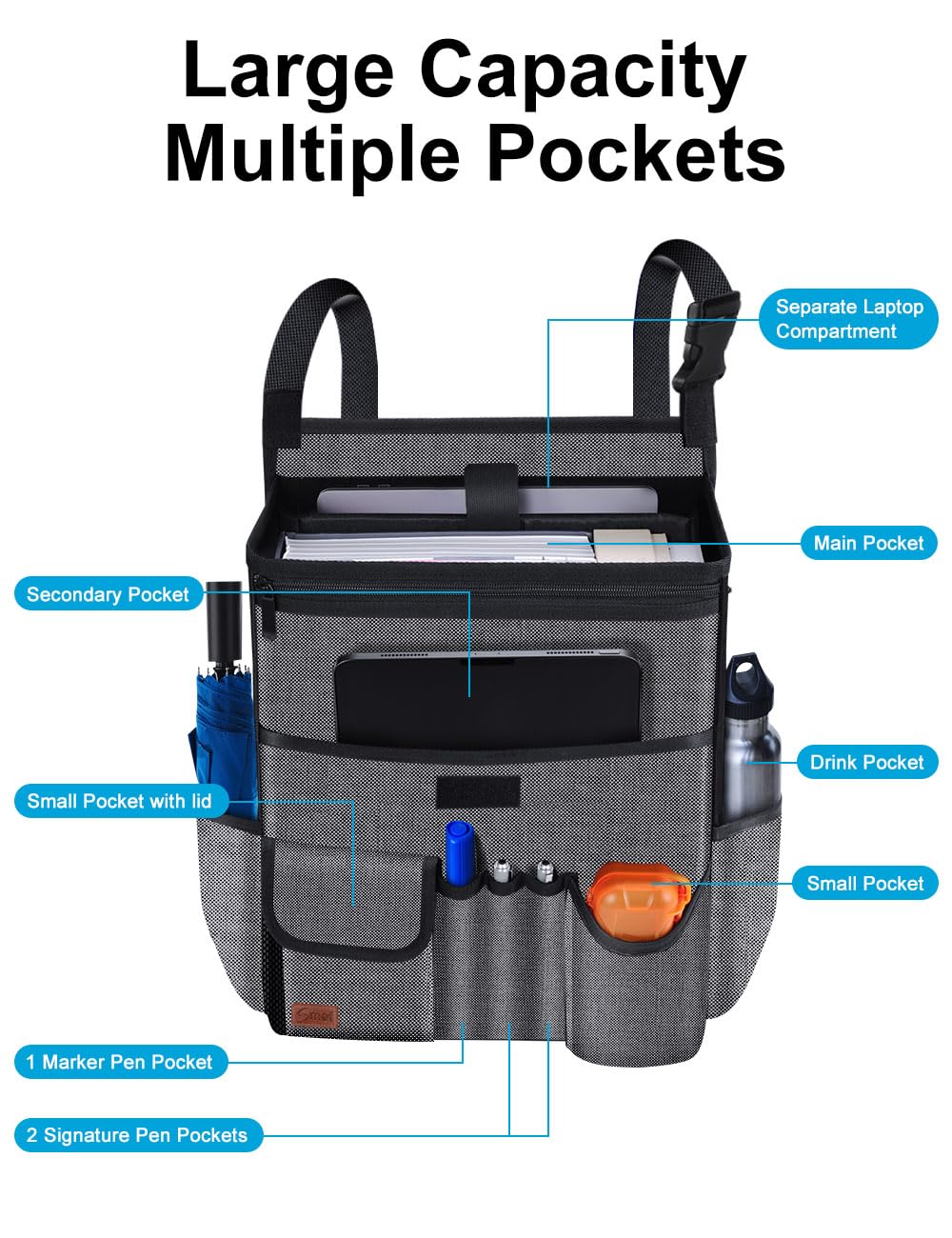 Smof Car Organizer for Front Seat, Passenger Seat, Backseat - Hanging Car Seat Storage Organizer,Multiple Pockets Car Seat Organizer with Separately Pokect for Laptop, Cup Holde & Travel Accessories