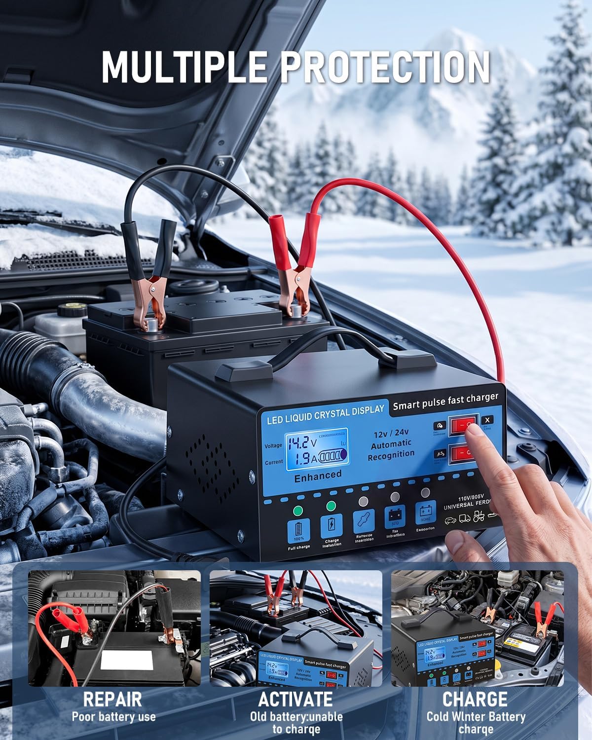 12V/24V Smart Car Battery Charger with LCD Display, Automatic Battery Maintainer & Trickle Charger, Temperature Compensation, Overcharge Protection for Cars, Trucks, SUVs & Motorcycles