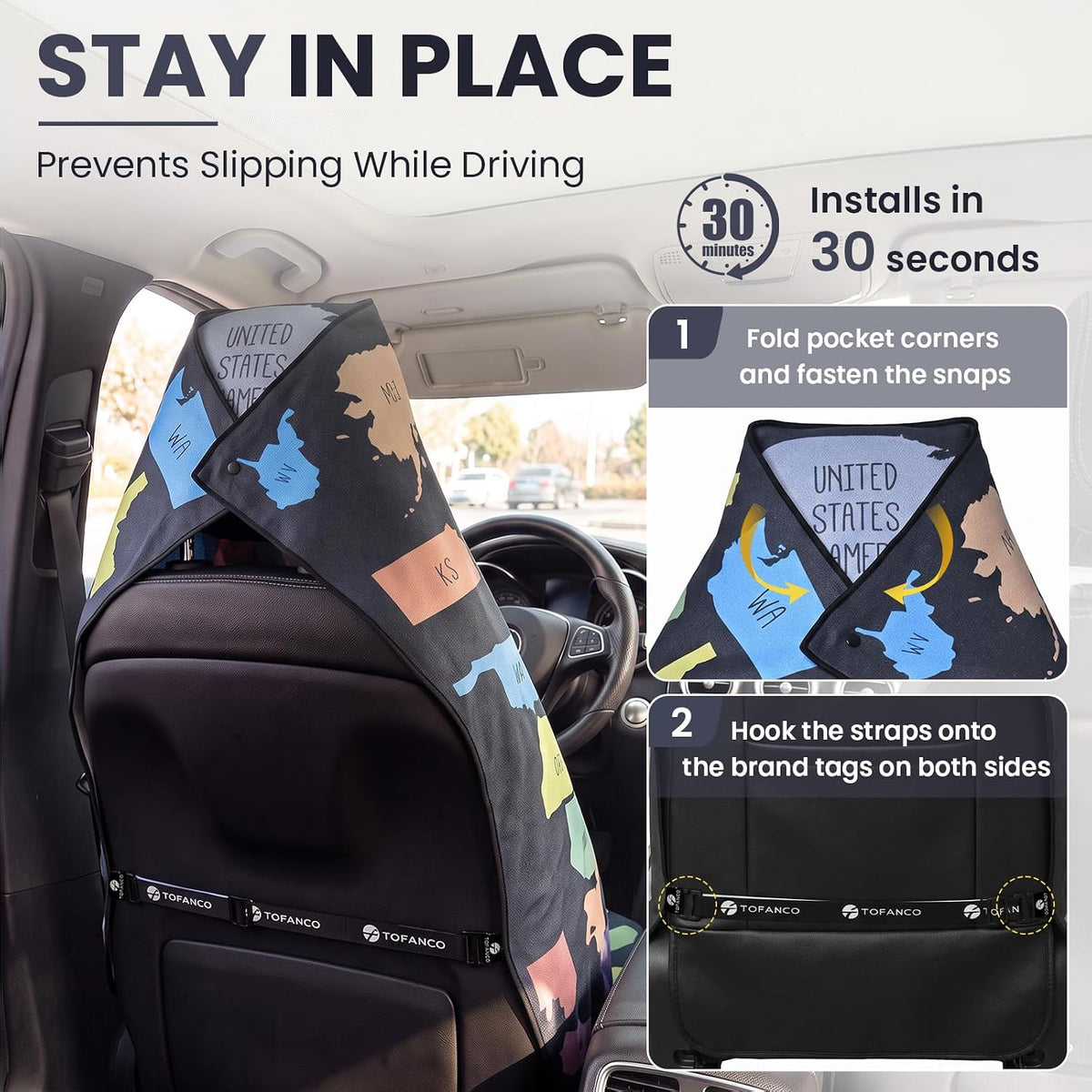 Car Seat Cover Towel for Front Seats Non-Slip with Headrest Pocket & Strap