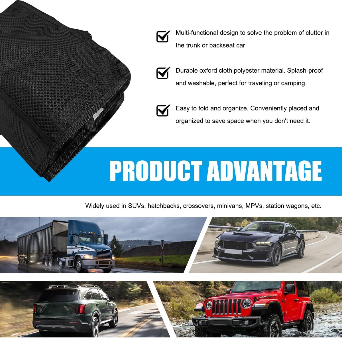 Hanging Car Trunk Organizer, Detachable Seat Back Storage Bag with Lids & 7 Large Pockets, Waterproof Space Saving Cargo Hanging Storage Container for Cars SUVs Vans (Black)