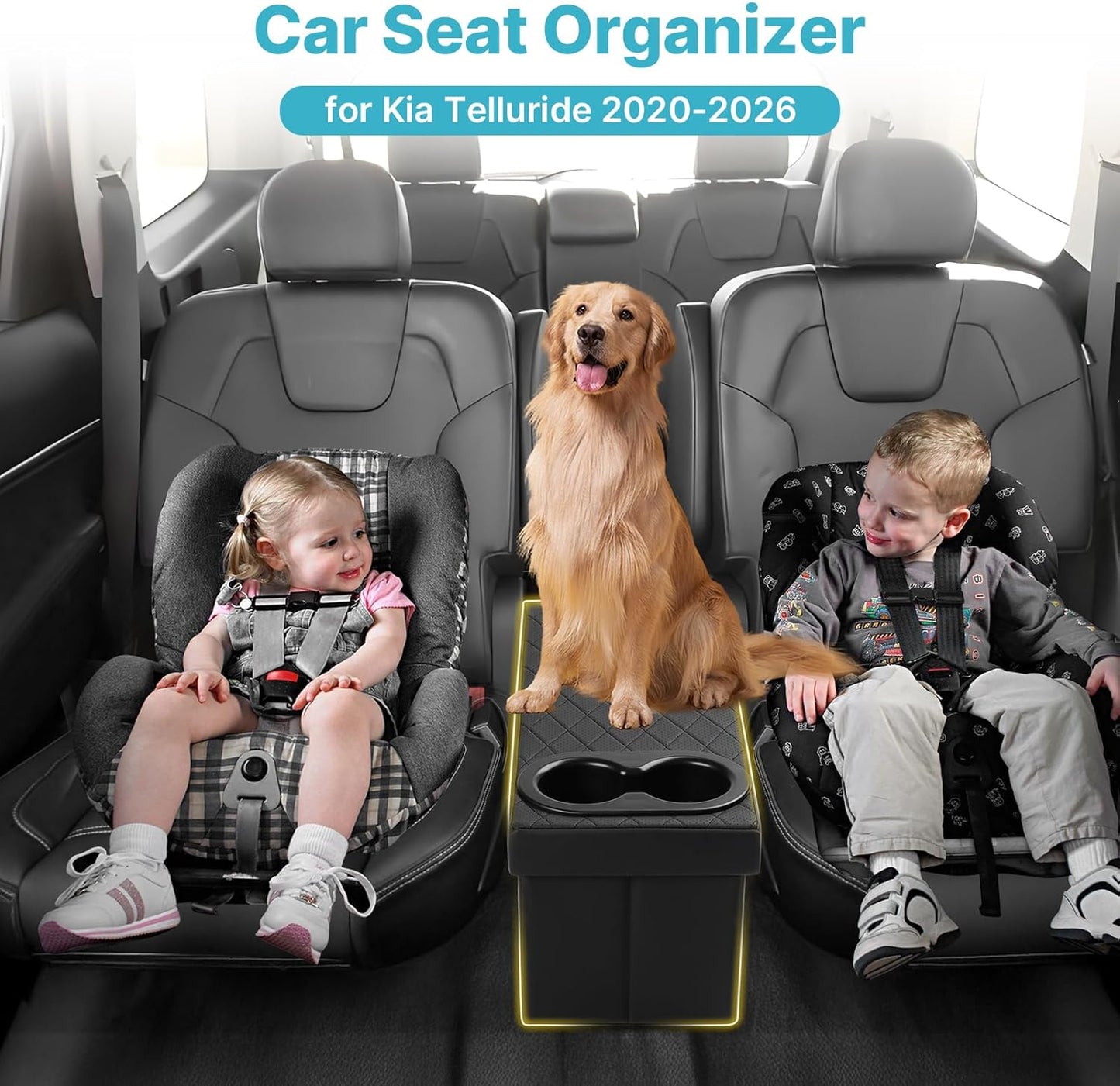 Mixsuper Liner Car Seat Organizer for Kia Telluride 2020-2026 Center Console Organizer with Cup Holders for Telluride, Kids Toys Baby Supplies Dog Toy Box Storage Bin Travel Accessories