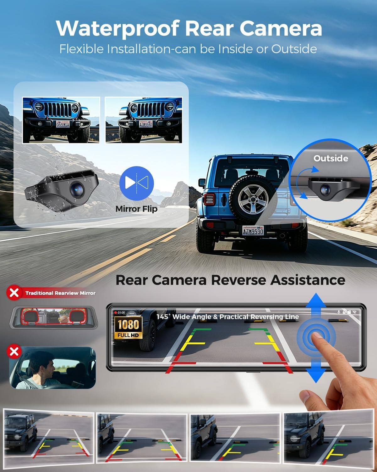 12'' Rear View Mirror Camera,4 Channel Mirror Dash Cam Detached Camera for Cars，1080P Front Rear Left Right Dash Camera for Car with 128GB Card, Night Vision, G-Sensor