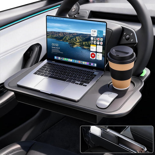 2-in-1 Car Steering Wheel Desk Tray & Car Seat Gap Filler Organizer – Silicone Look Table for Laptop, Eating Food, Writing – Work Road Trip Essentials Accessories (Black)