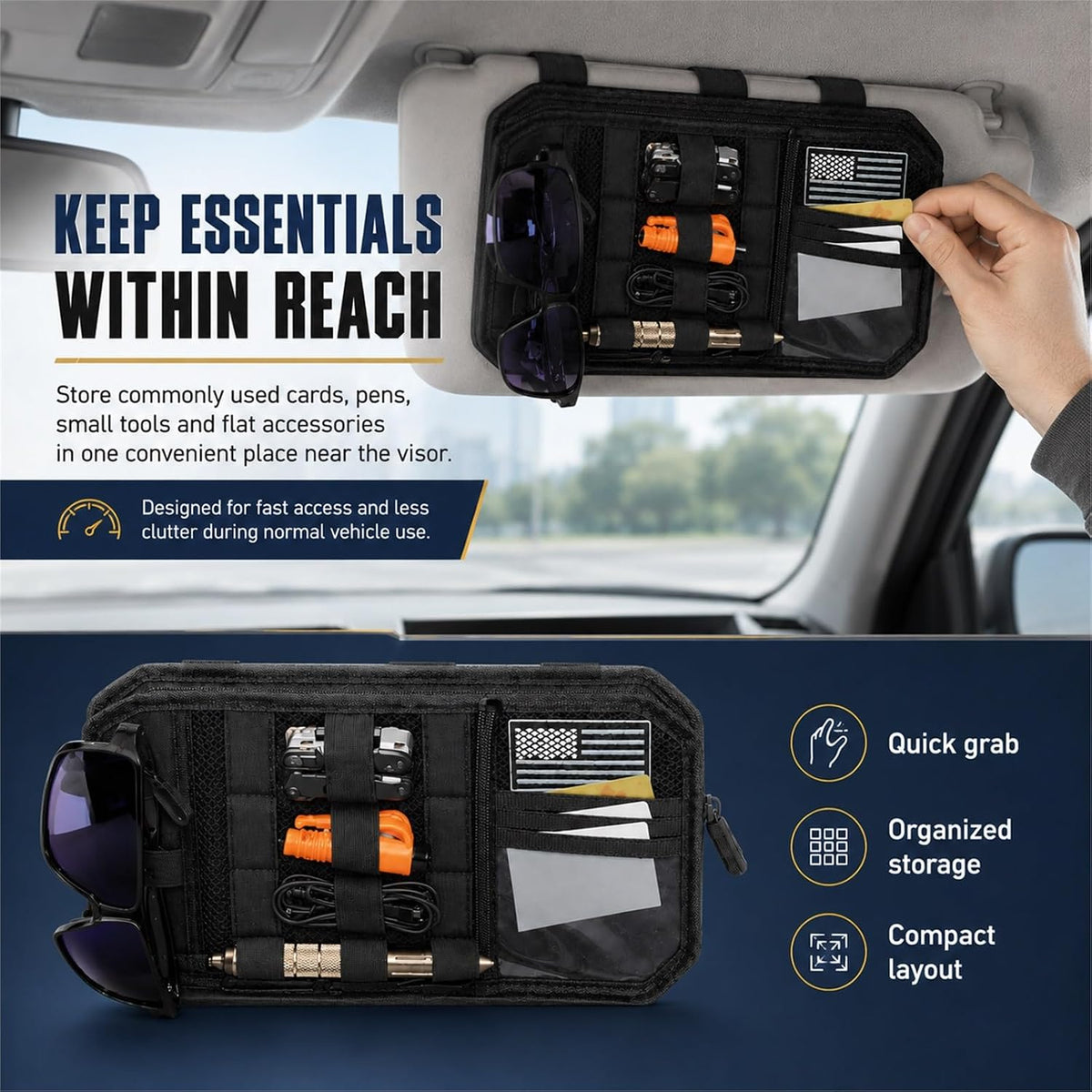 GOOGO Car Sun Visor Organizer, Black Nylon MOLLE Panel with Strap-On Pouch