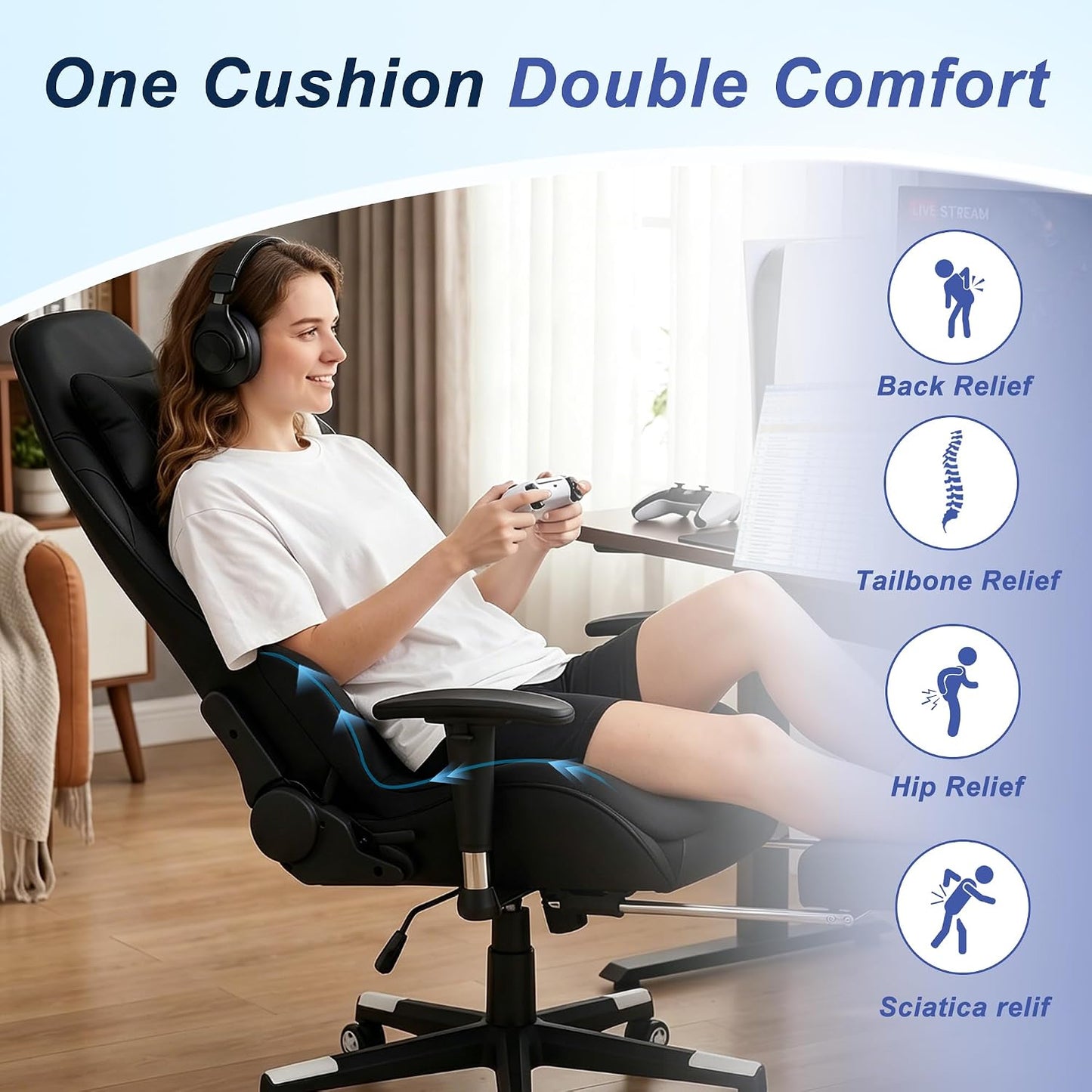Seat Cushion for Office Chair and Car, Ergonomic Memory Foam Seat Cushion with Lumbar Support Pillow, Orthopedic Cushion for Sciatica & Back Pain, Black