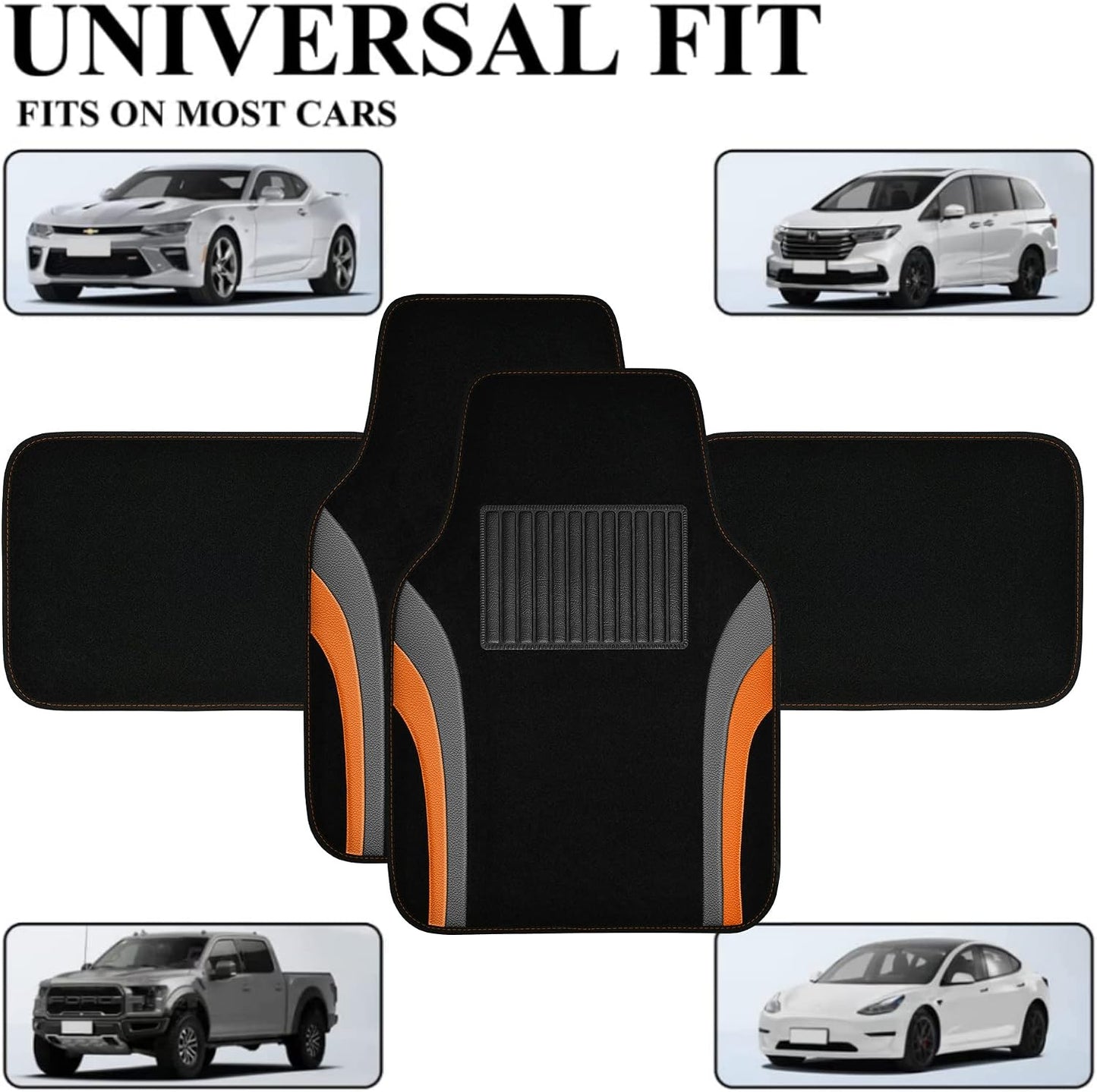 CAR PASS Leather Sporty Car Floor Mats Carpet, Universal Waterproof Automotive Floor Mat Fit for Sedans, Cars, Mid Trucks, Vans, SUV, Set of 4 (Black and Orange)