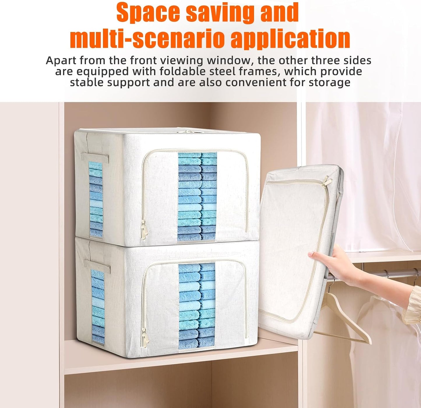 Foldable Clothes Storage Bins with Solid core powder-coated steel fram, 24/ 66L Storage Bags Fabric Box Organizer with Clear Window Zippers Sturdy Handles 2 Pack (Beige, 66L 1Pack)