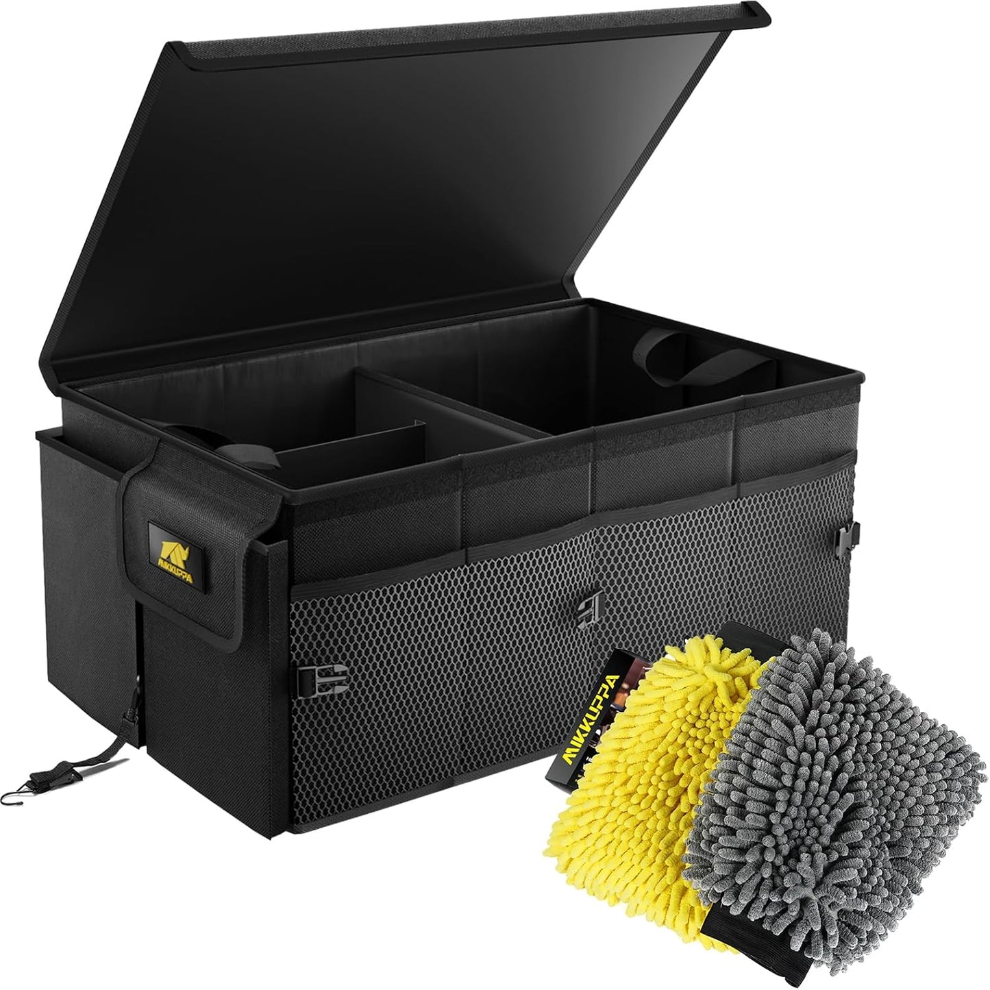 MIKKUPPA Car Trunk Organizer & Car Wash Mitt - 65L Collapsible Black Trunk Organizer with Lid, Yellow & Gray Double-Sided Chenille Scratch Free Mitt with Waterproof Inner