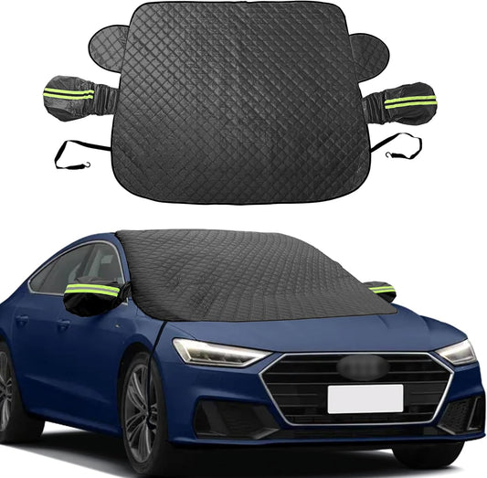 Car Windshield Snow Cover with Side Mirror and Hook, Winter Magnetic Windshield Sun Shade Foldable, Windshield Cover for Ice and Snow, Fit for Small Sedan, Compact SUV, (58"x47") Black