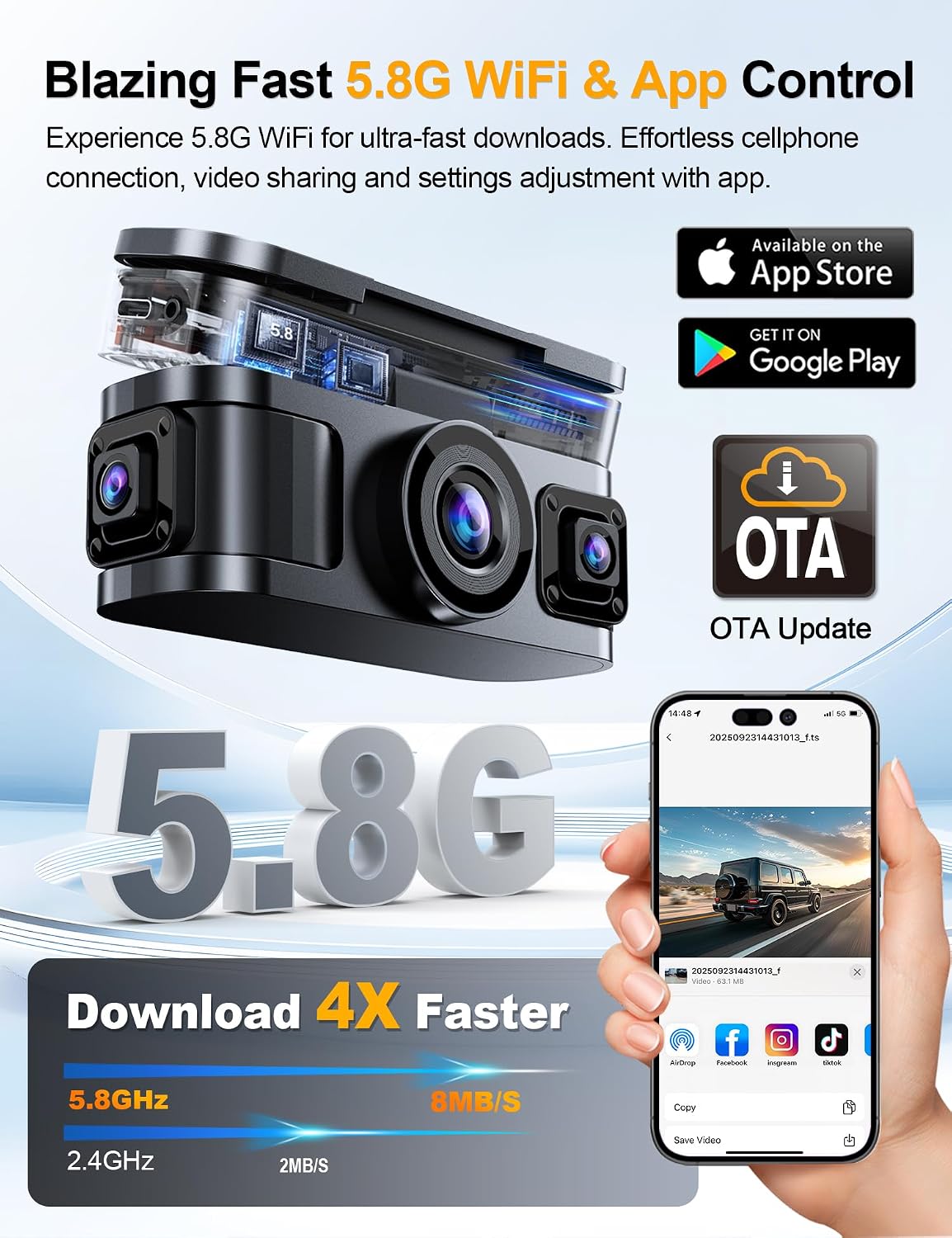 360° View 4K 4 Channel Dash Cam Front and Rear Inside Left Right, Built-in GPS, 5.8GHz WiFi, Car Dash Camera for Cars with App Connect, Support Parking Mode, G-Sensor, Free 128GB Card