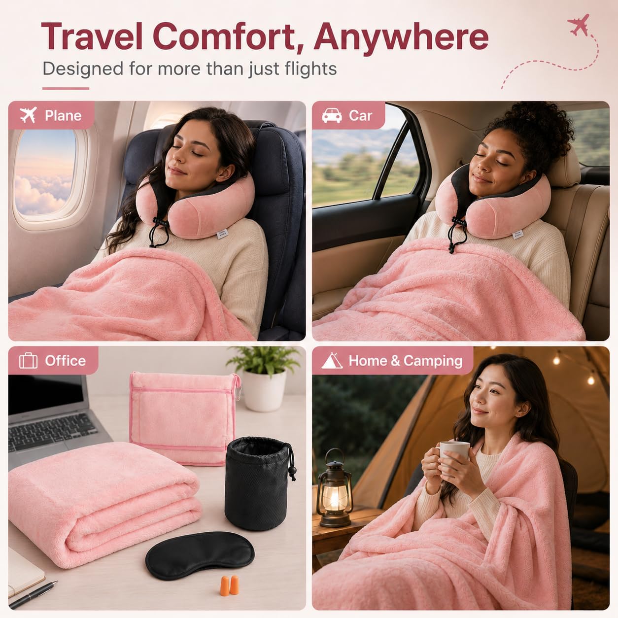 Travel Blanket and Pillow Set - Travel Neck Pillow & Blanket for Airplane, Thick Fleece Blankets Campact with Bag, Memory Foam Neck Pillows, Sleep Mask, Earplugs for Plane Traveling Essentials, Pink