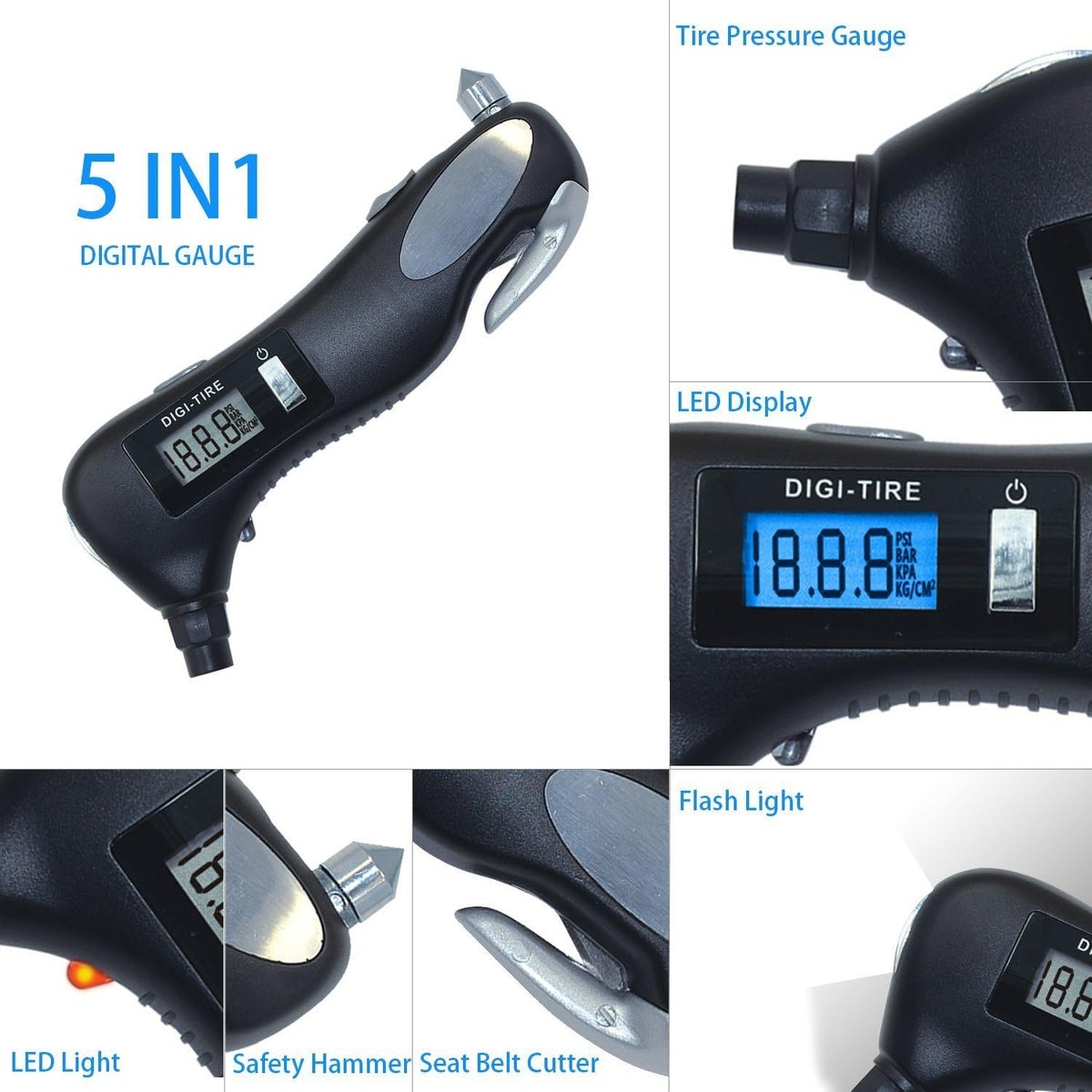 5 in 1 Rescue Emergency Tool for Car, Motorcycle and Other Vehicle - 150 PSI Digital LED Tire Pressure Gauge Monitor, Safety Hammer, Flashlight, Seat-Belt Cutter, Red Safety Light.