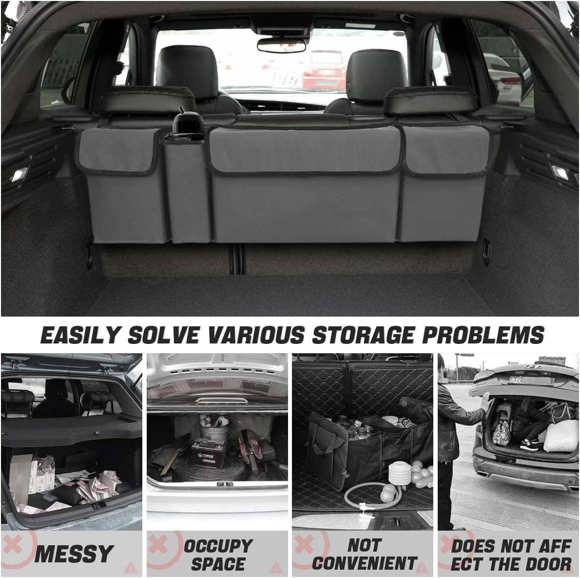 AUCELI Car Trunk Organizer, Backseat Hanging Large Storage with Adjustable Straps, Waterproof Collapsible Cargo Bag with 4 Pockets, Sturdy Space Saver Frees Trunk Floor for SUV, Truck, MPV