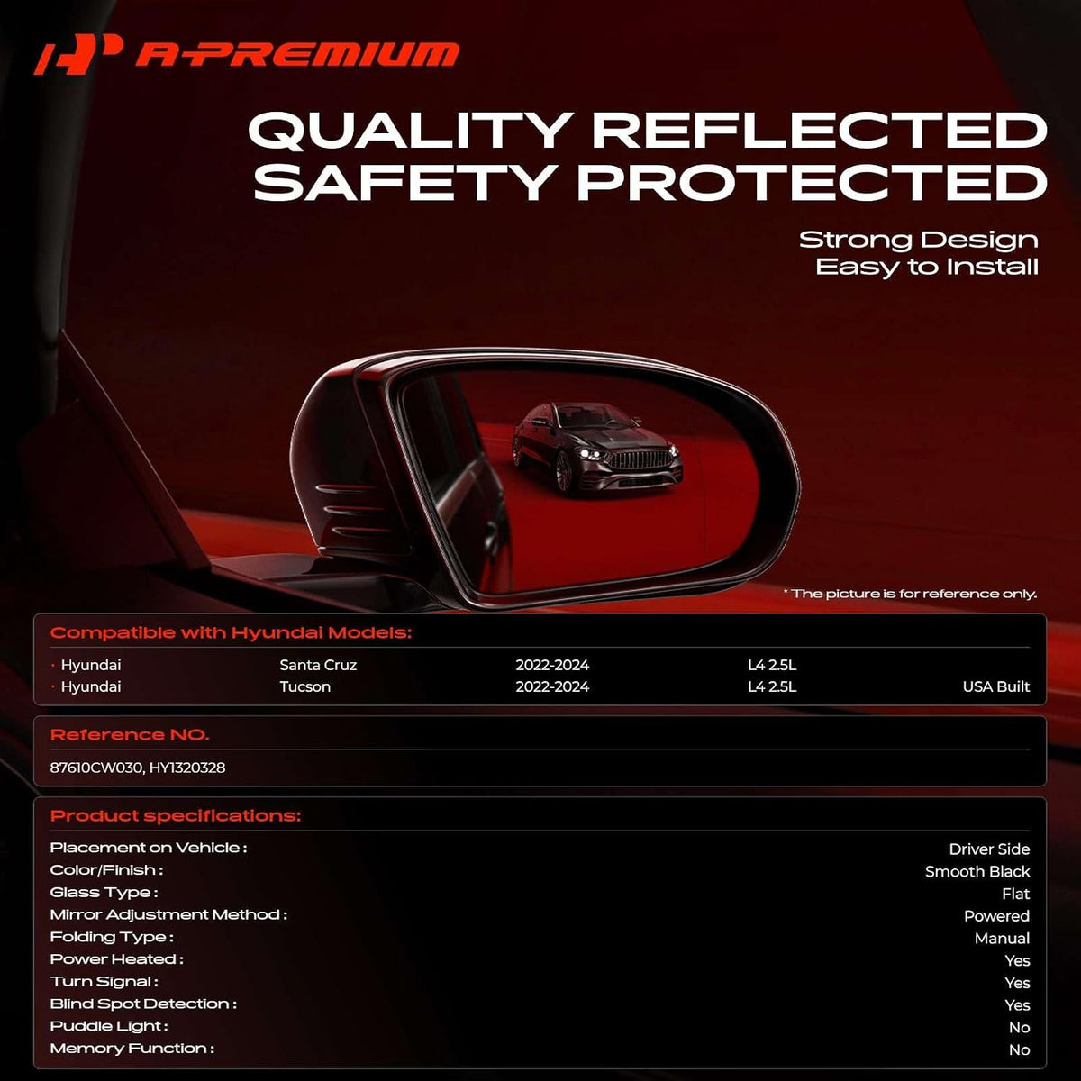 A-Premium Driver Side Power Door Mirror Compatible with Hyundai