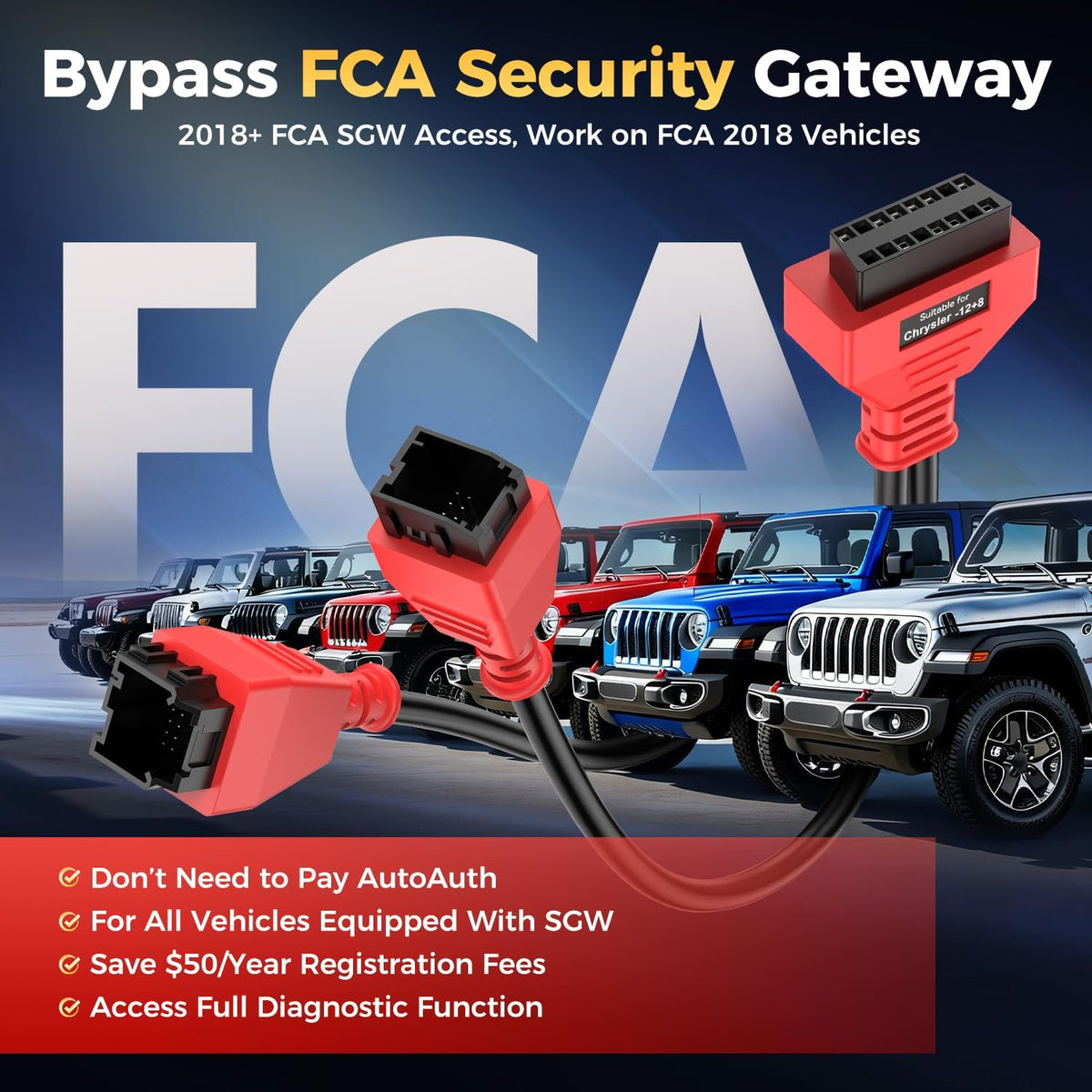 OBD2 12+8 Adapter for Chrysler, 12 8 OBD II Security Gateway Bypass Cable