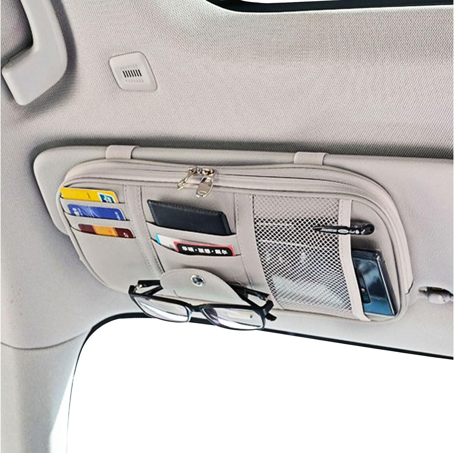 Da by Car Sun Visor Organizer, Multi-Pocket Visor Organizer Storage Pouch for Cars, SUVs & Trucks with Double Zippers, Elastic Bands & Glasses Clip - Organizes Essentials Keep Tidy (Cream Grey)