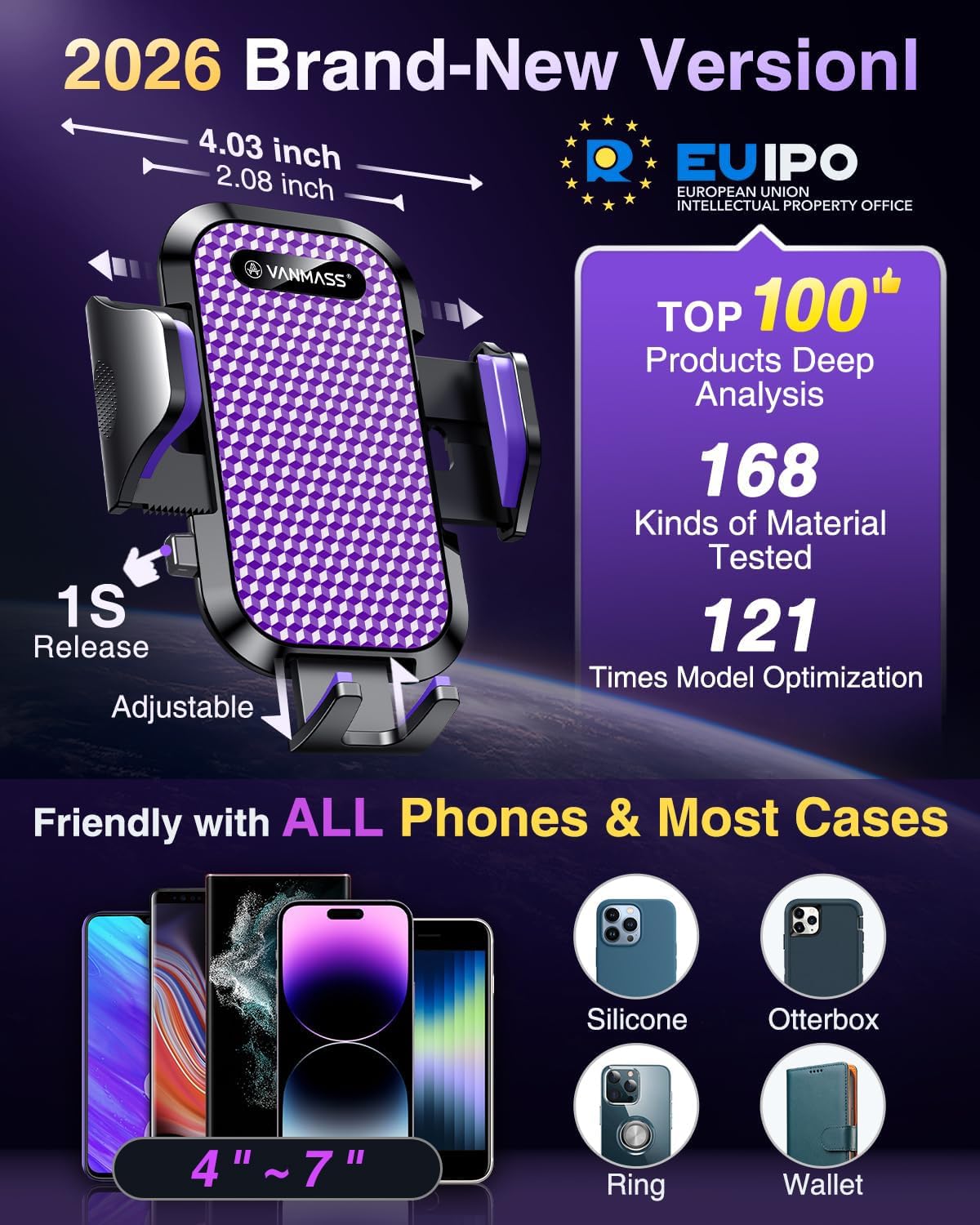 VANMASS [True Military-Grade] Car Phone Holder [Upgraded Suction & Clip] Cell Phone Mount for Dashboard Windshield Vent Truck Cradle Dash Stand for iPhone 16 Pro Max 15 14 13 12 Android, Purple