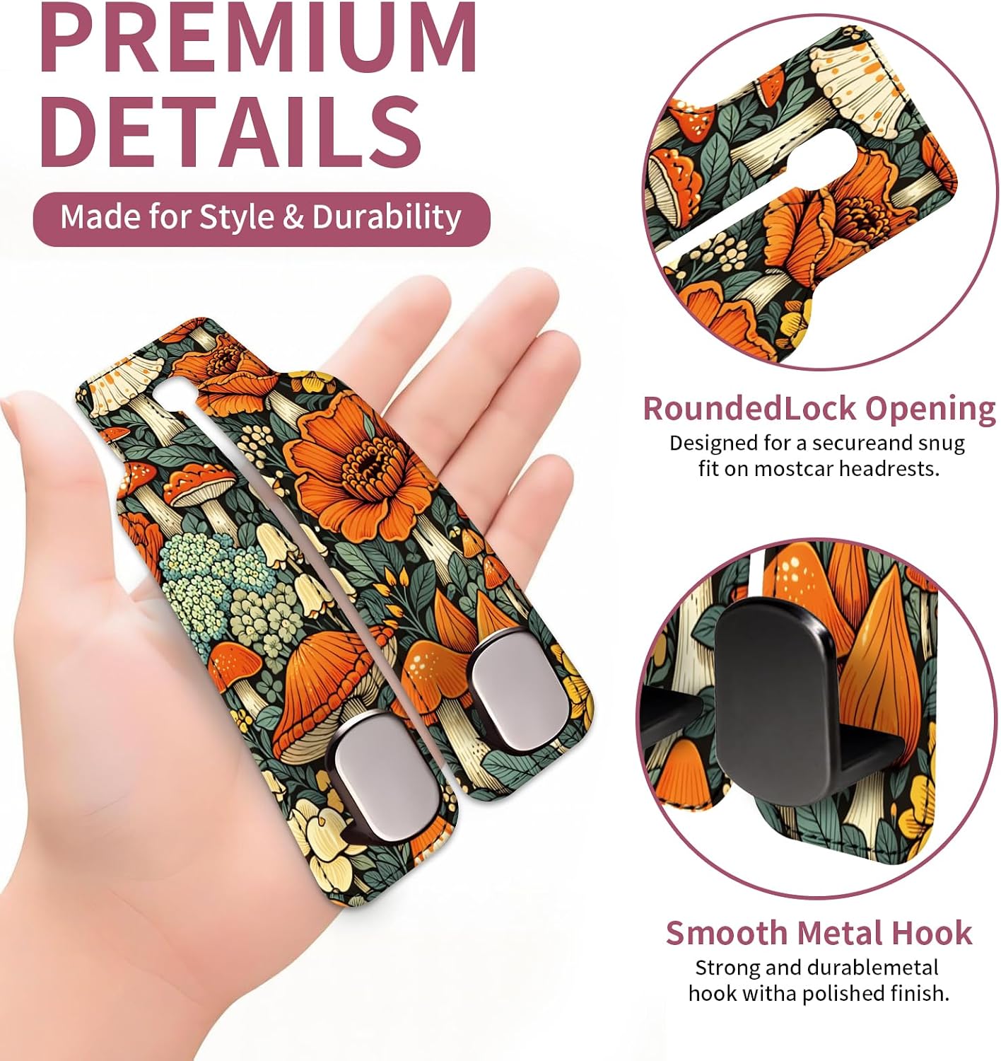 Car Seat Back Storage Hook, Funny Car Purse Hook, Cute Vehicle Storage Organizer for Purses Handbags Orange Flower Mushroom