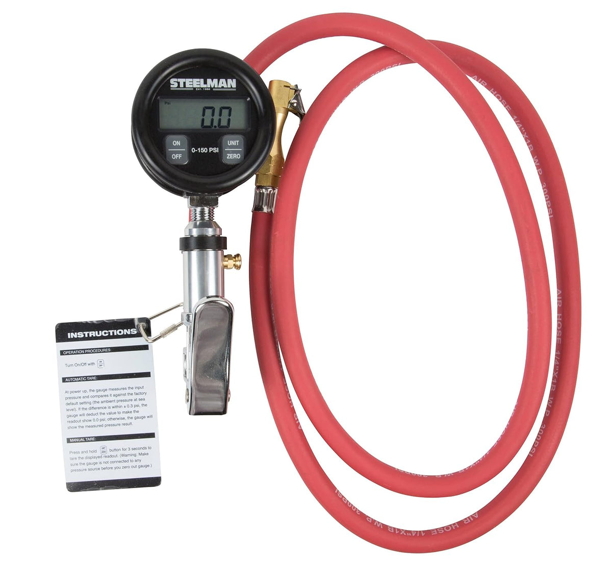 Steelman Digital Pressure Gauge Tire Inflator with 15-Foot Pneumatic Whip Hose, 0-150 PSI, Protective Casing