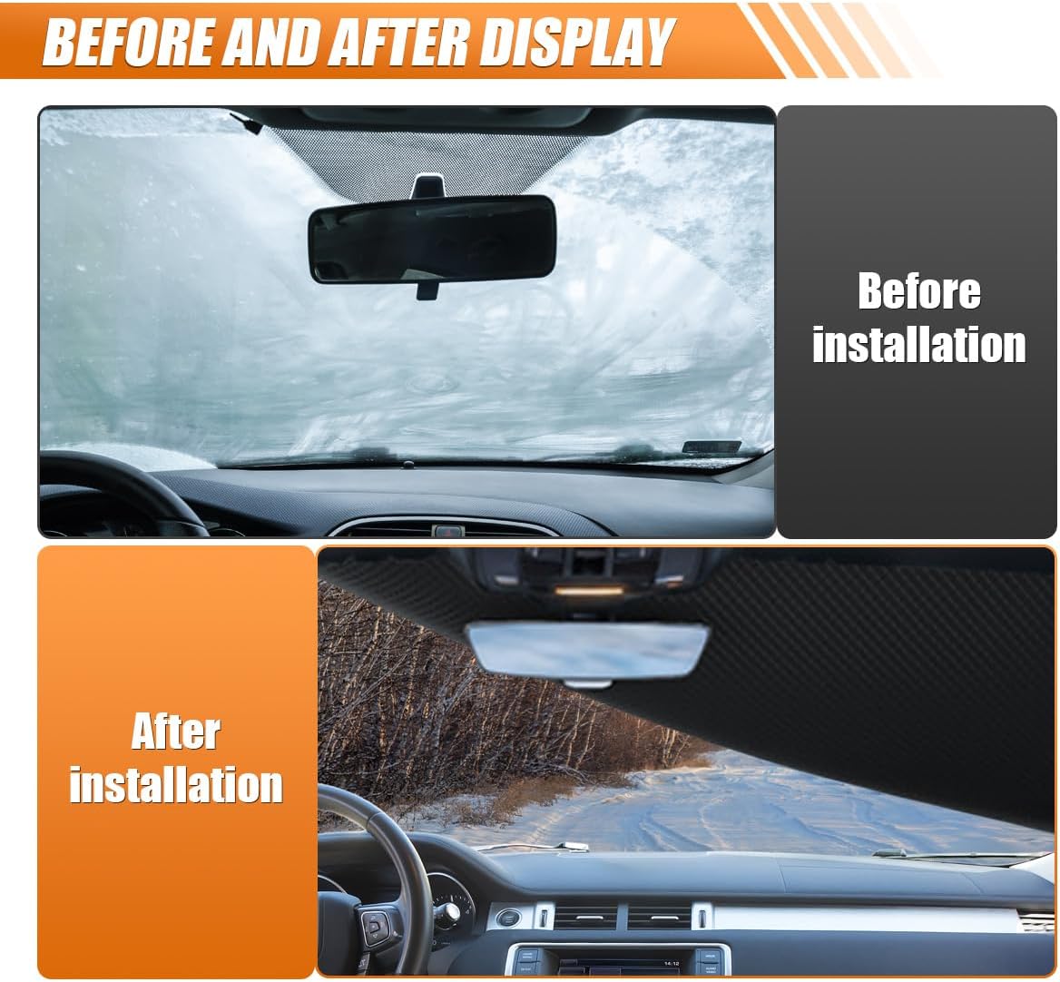 Magnetic Car Windshield Snow Cover, Windproof Car Sunshade with Elastic Strap & Hook, Automotive Windscreen Frost Cover, Winter Vehicle Side Window&Mirror Protector Accessories (Orange Eage)