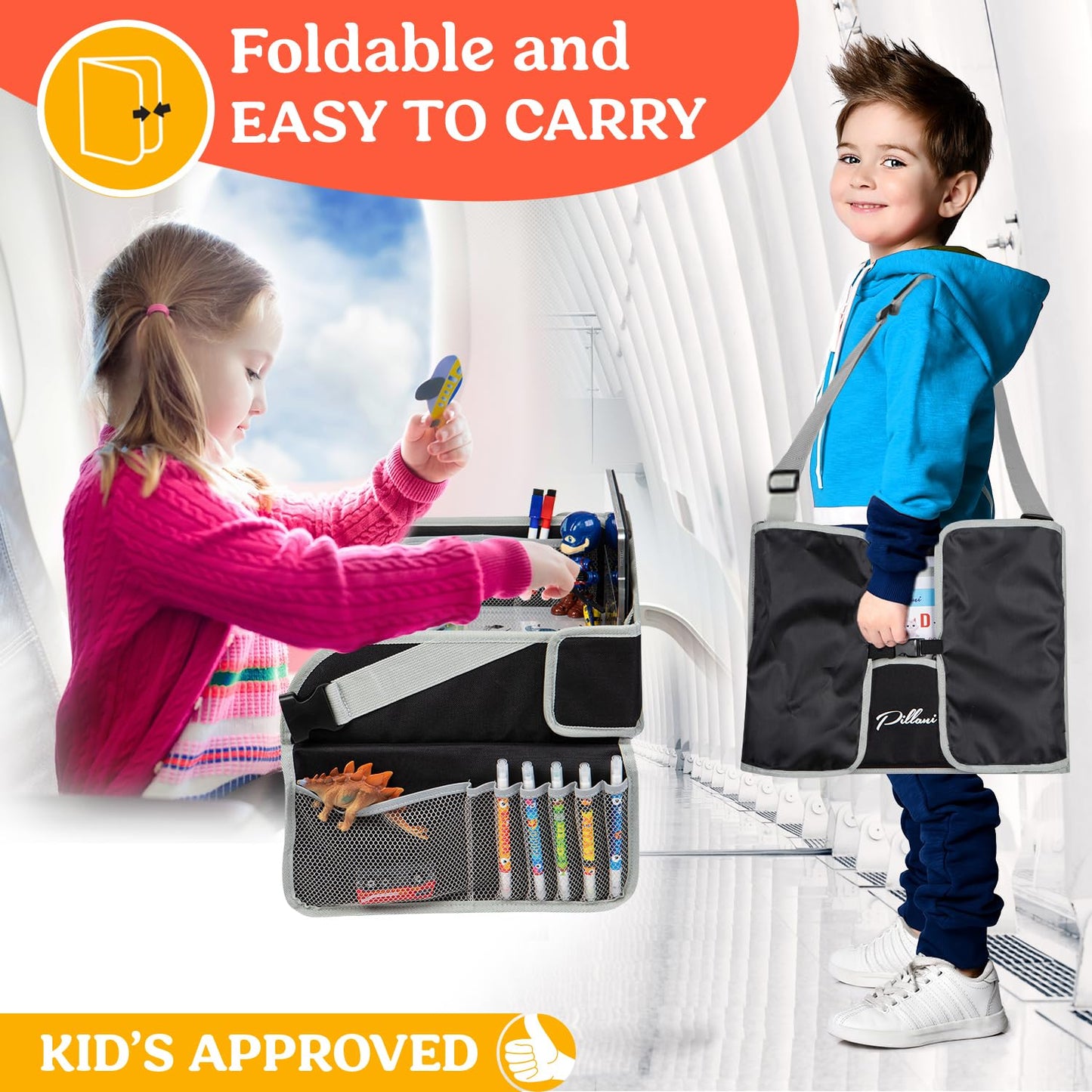 PILLANI Kids Travel Tray for Car - Carseat Tray w/iPad Holder & Dry Erase Board, Road Trip Essentials - Toddler Lap Desk Organizer for Airplane - Roadtrip Activities & Travel Essentials - Pack of 2