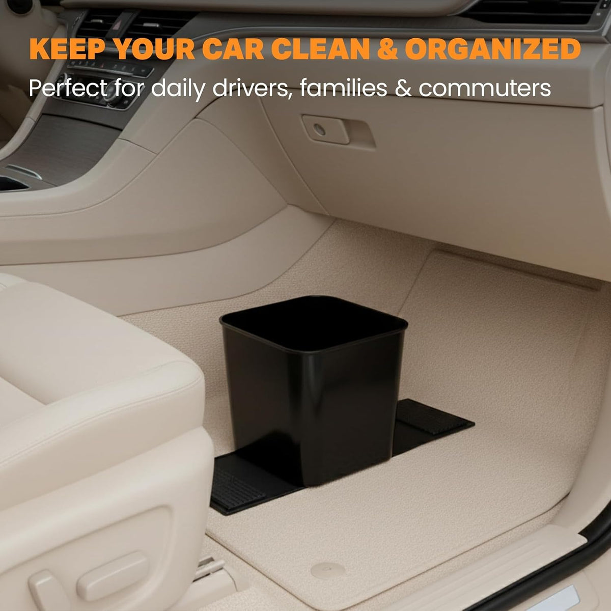 Car Trash Can with Stability Wings – Leakproof Portable Garbage Bin for Fabric & Rubber Mats – Compact Durable Plastic Auto Organizer for Cars, SUVs, Trucks (Black with Flap, Small)