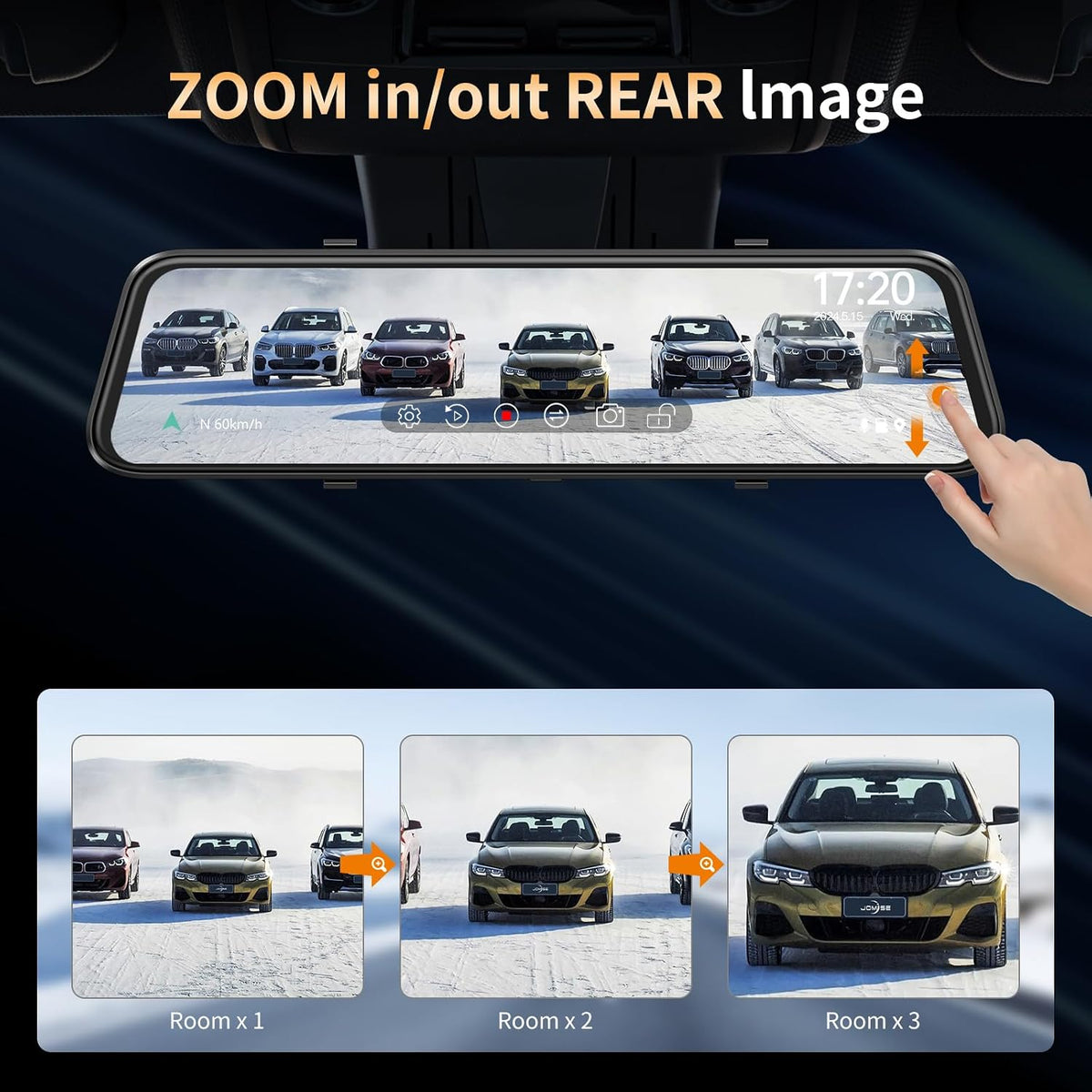 2.5K Mirror Dash Cam with CarPlay Mirror & Android Auto, Dash Cam Front and Rear with Zoom Function,12 inches Rear View Mirror Camera with Voice Control/BT Call/64GB Card Included-JOMISE K17 Pro