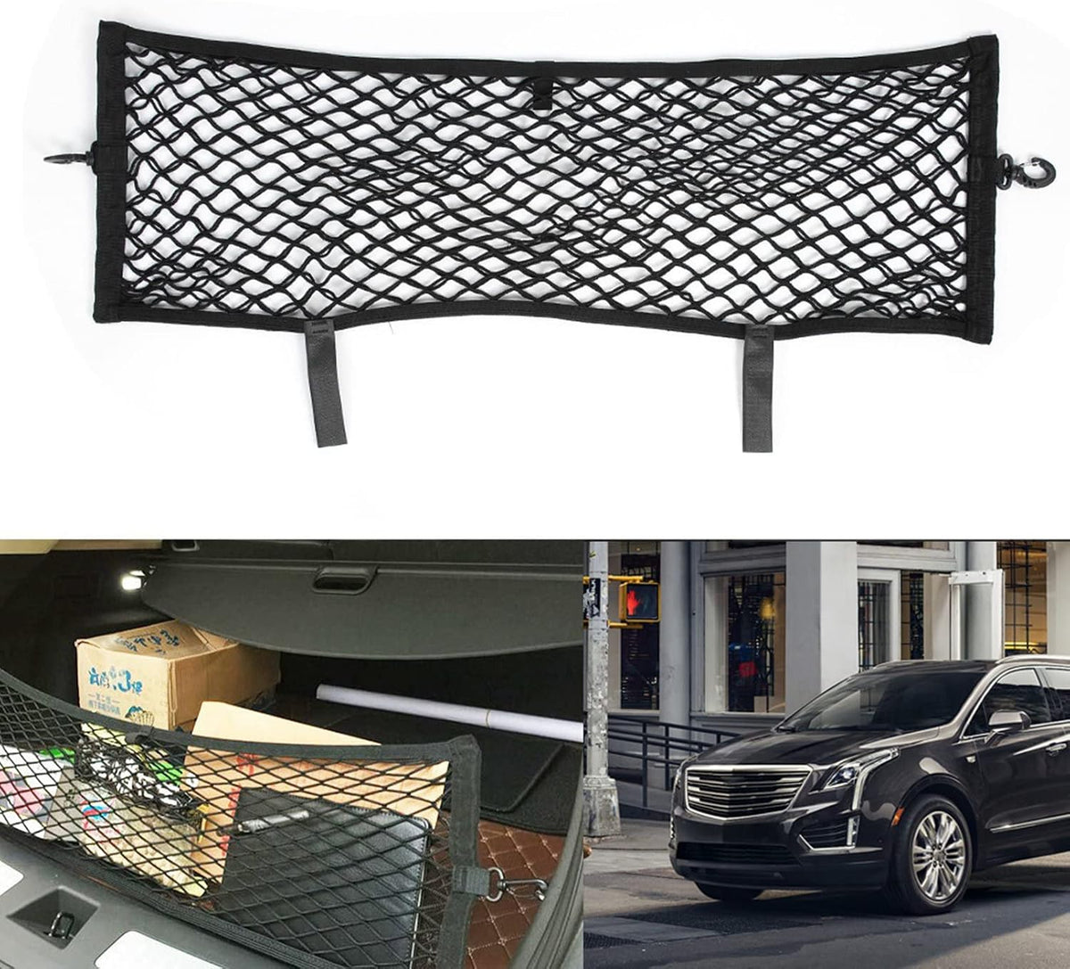 Car Trunk Cargo Net for Cadillac XT5, Double Layer Elastic Storage Mesh, Black, 90x30cm, High Strength PA66 Material