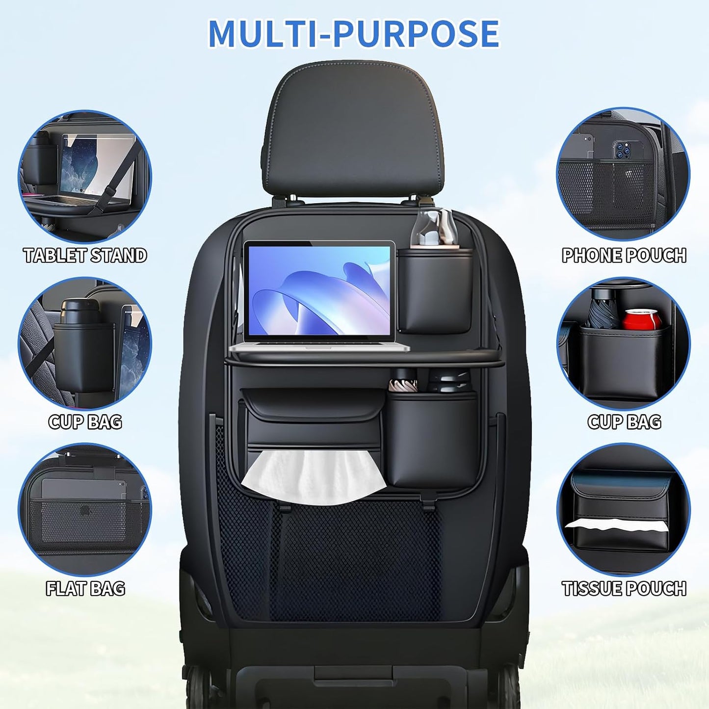 Car Backseat Organizer with Foldable Table Tray,Hanging Storage Bag with Touch Screen Phone Holder,Premium PU Leather Material,Compatible with Most Vehicles,Inner Car Accessories