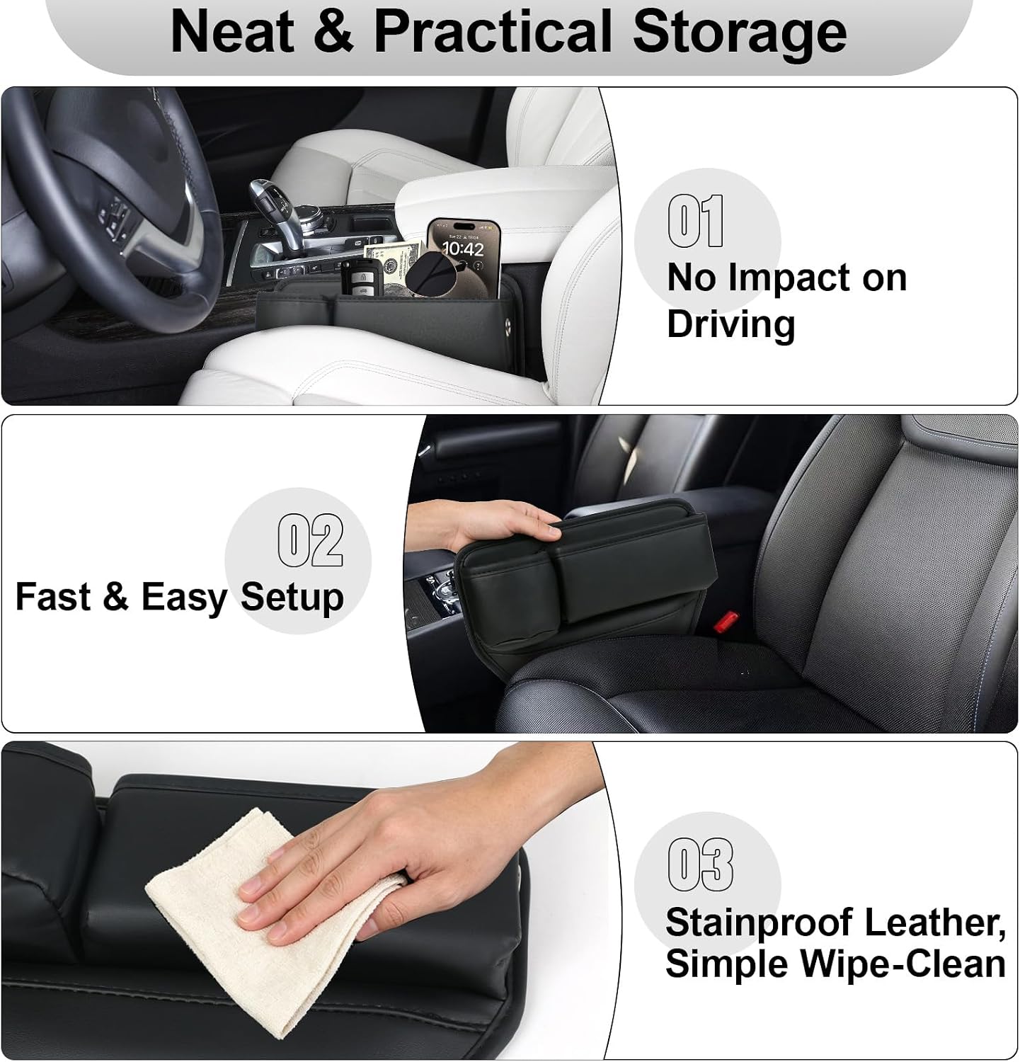 TPQKA Car Seat Gap Filler with Cup Holder (2-Pack) for Driver & Passenger Side, PU Leather Seat Gap Plug Organizer for Phones Keys Cards, Universal Fit for Cars SUVs Trucks, Black