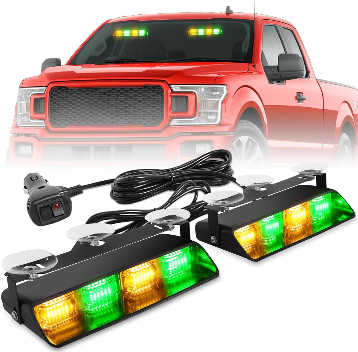HLauto 2002L Emergency Dash Strobe Lights: Red Blue Safety Lights, Flashing Warning Hazard Windshield Visor Traffic Light Bars for Trucks, Construction Vehicles (2x8.5 inch, 48LED)