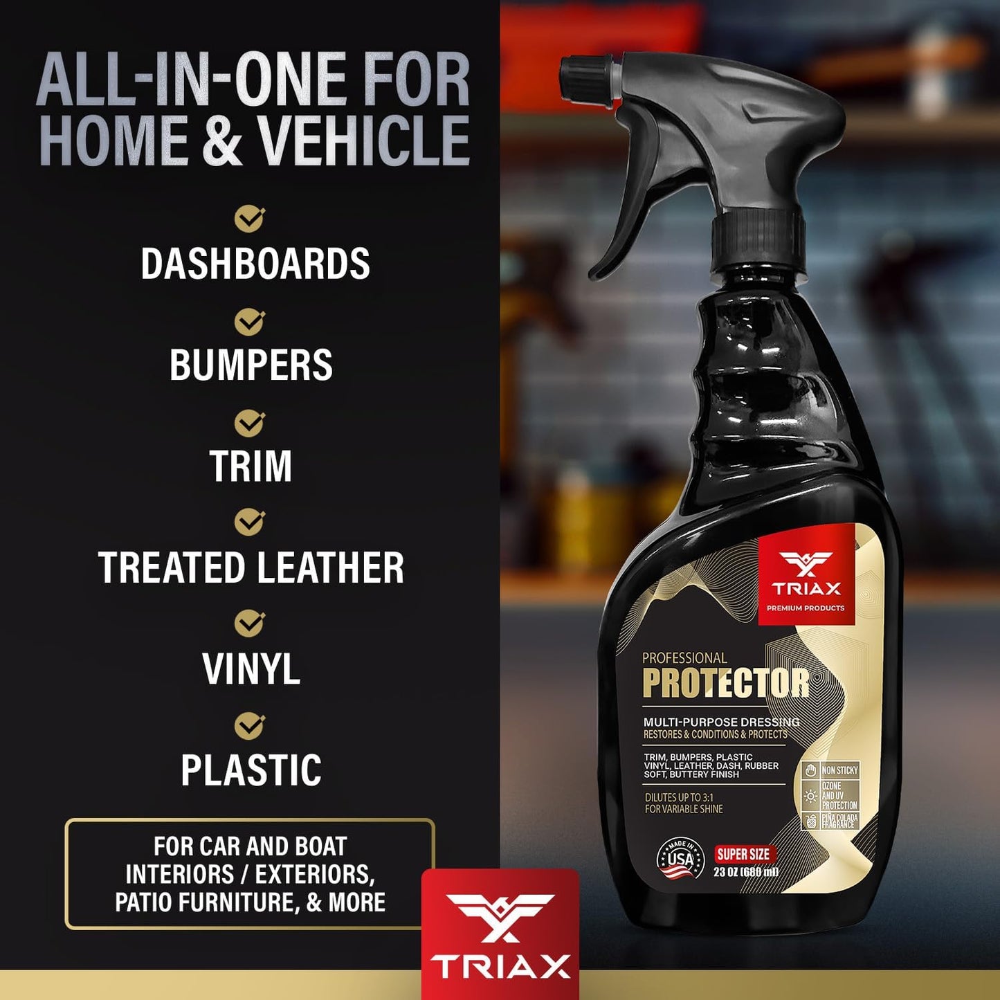 Triax Professional Protector & Dressing - Restores, Conditions, Protects Bumpers, Plastic, Vinyl, Leather, Dash, and Rubber Surfaces (Pack of 2-23 Ounce)