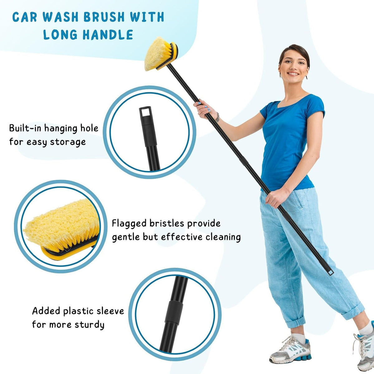 Car Wash Brush with Long Handle, 55'' Soft Bristle Vehicles Washing Tool