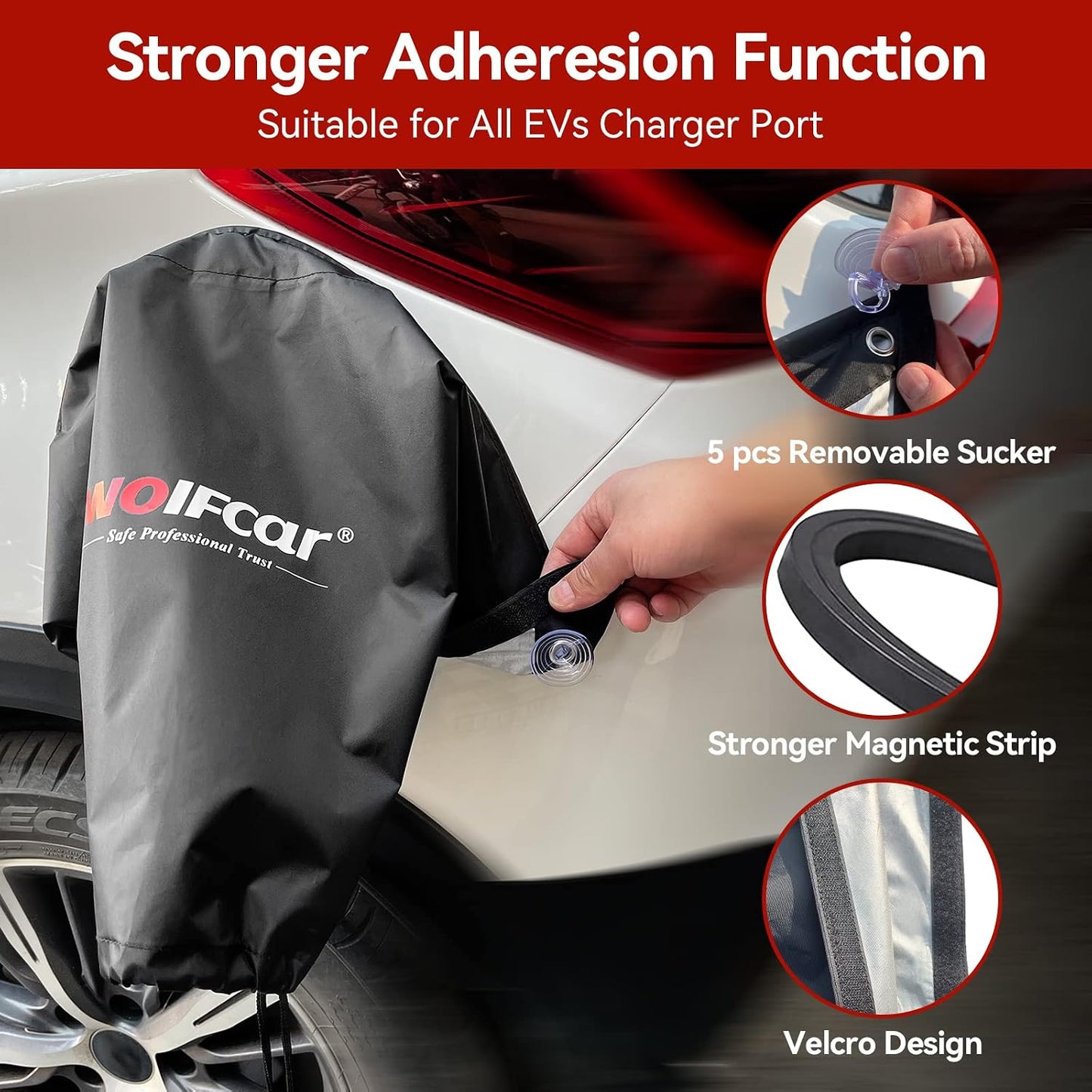 WOLFCAR EV Charger Cover, Waterproof EV Charging Port Cover Outdoor, Double-Sided, Rain Snow Sun UV All Weather Protection, Magnetic with Suction Cups for Any EV Body, Kingsize