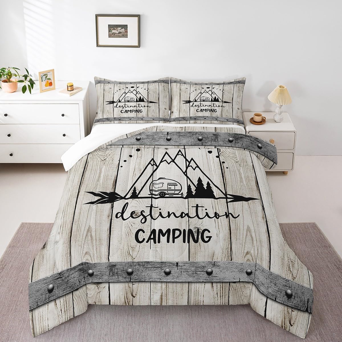 Happy Camping Car Comforter Set Twin Size,RV Camper Trailer Decor Bedding Set 2pcs for Kids Boys Girls Adults,Vintage Wooden Plank Cabin Down Comforter,Rustic Farmhouse Duvet Insert,1 Pillowcase