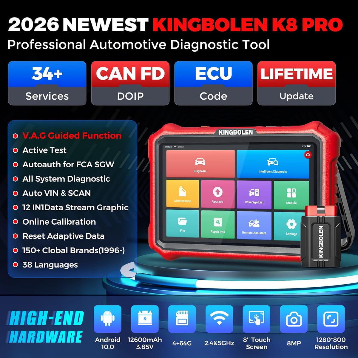 KINGBOLEN K8 Pro OBD2 Scanner, 8'' Bidirectional Scan Tool, 34+ Reset