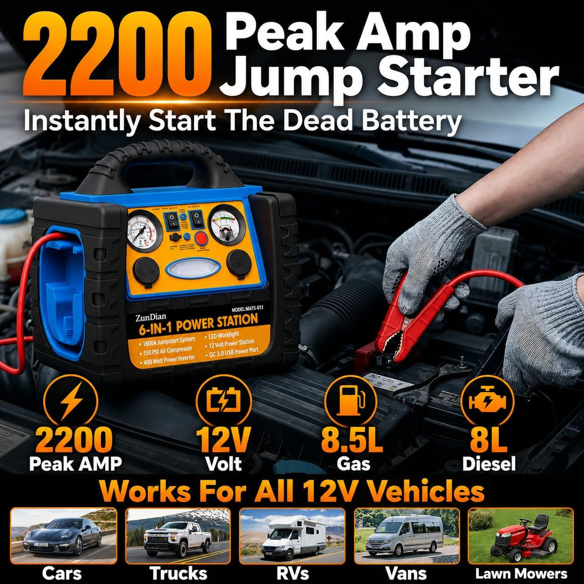 Car Jump Starter with Air Compressor, 2200A Battery Booster Pack for Up to 8.5L Gas & 8.0L Diesel, 150PSI Tire Inflator, 400W Portable Power Station with AC Outlet, 6-in-1 Jump Box for Cars, Trucks