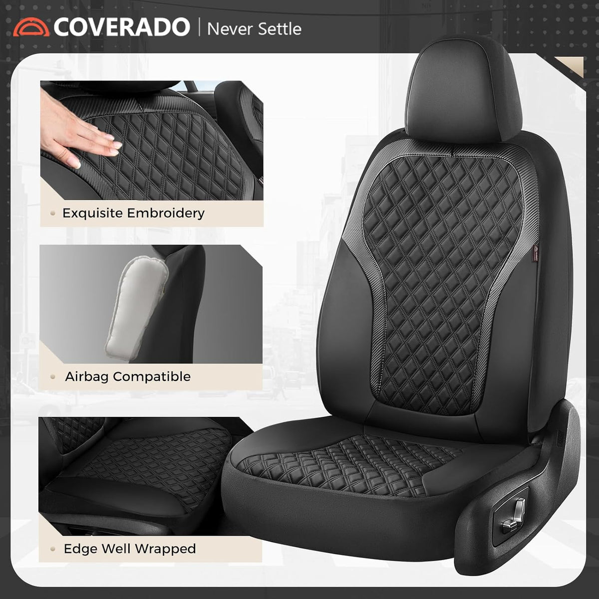 Coverado Front Seat Covers, 2-Pack Luxury Diamond Leather Car Seat Cover with Carbon Fibre Weave, Spill-Proof Driver Car Seat Protectors, Waterproof Seat Covers Universal Fit for Most Cars, Black