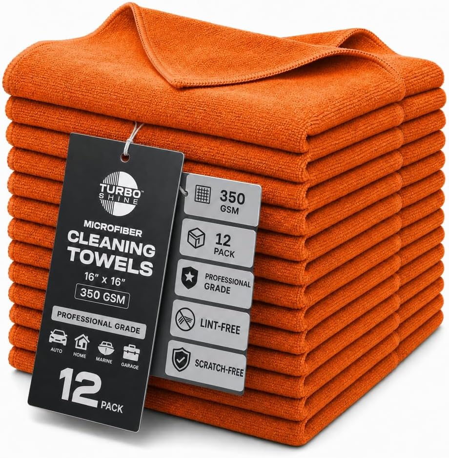 Premium Microfiber Cleaning Towels, 350 GSM, 16x16 Inch, 12 Pack, for Car, Glass, Bathroom and Home (Orange, 16" x 16")