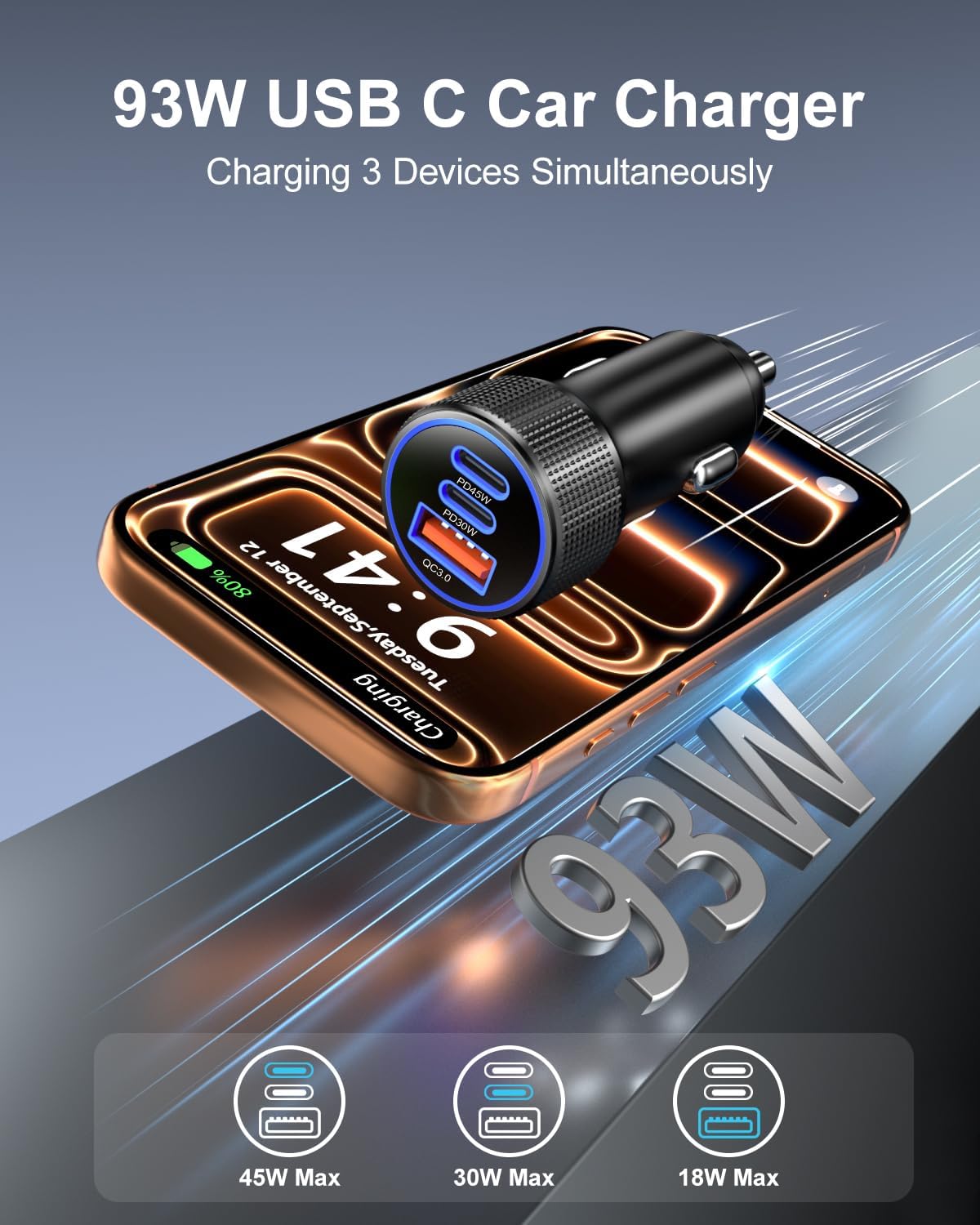 93W USB C Car Charger, 45W Super Fast Charging 2.0 Type C 3-Port Cigarette Lighter Adapter with 6ft USB-C Charger Cable for Galaxy S26 Ultra S25 FE S24 S22 iPhone 18 17 16 15 Pro Max