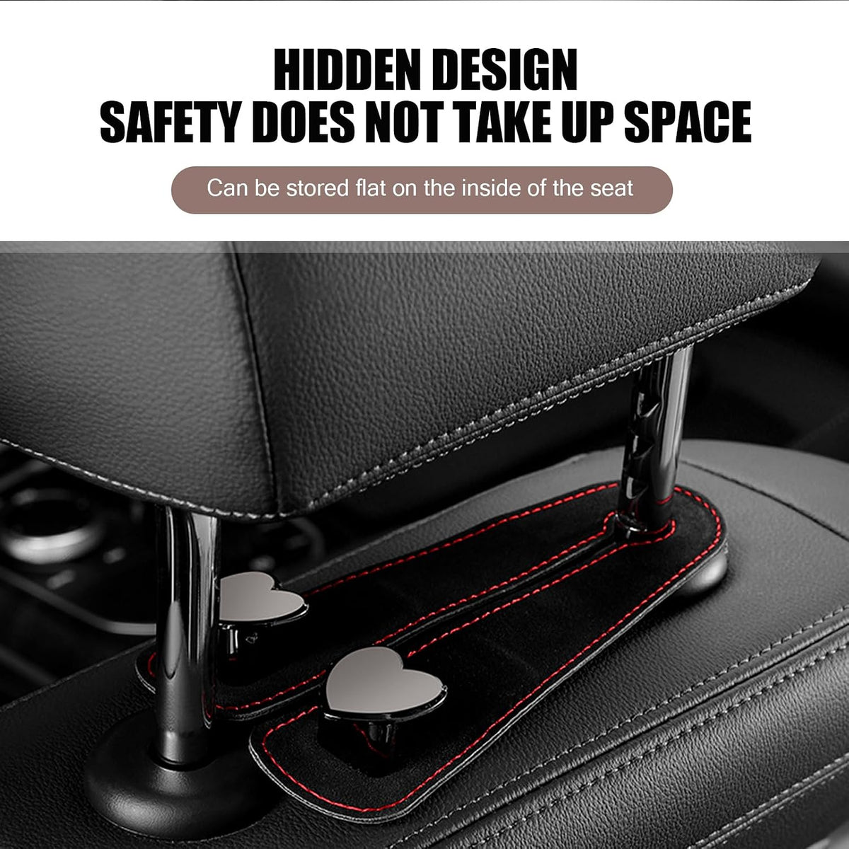 2 PCS Car Seat Headrest Hook, Car Hooks for Headrest, Storage Double Heart Shape Hooks, Suede Foldable Soft Hook Organizer, Universal for Cars (Black)