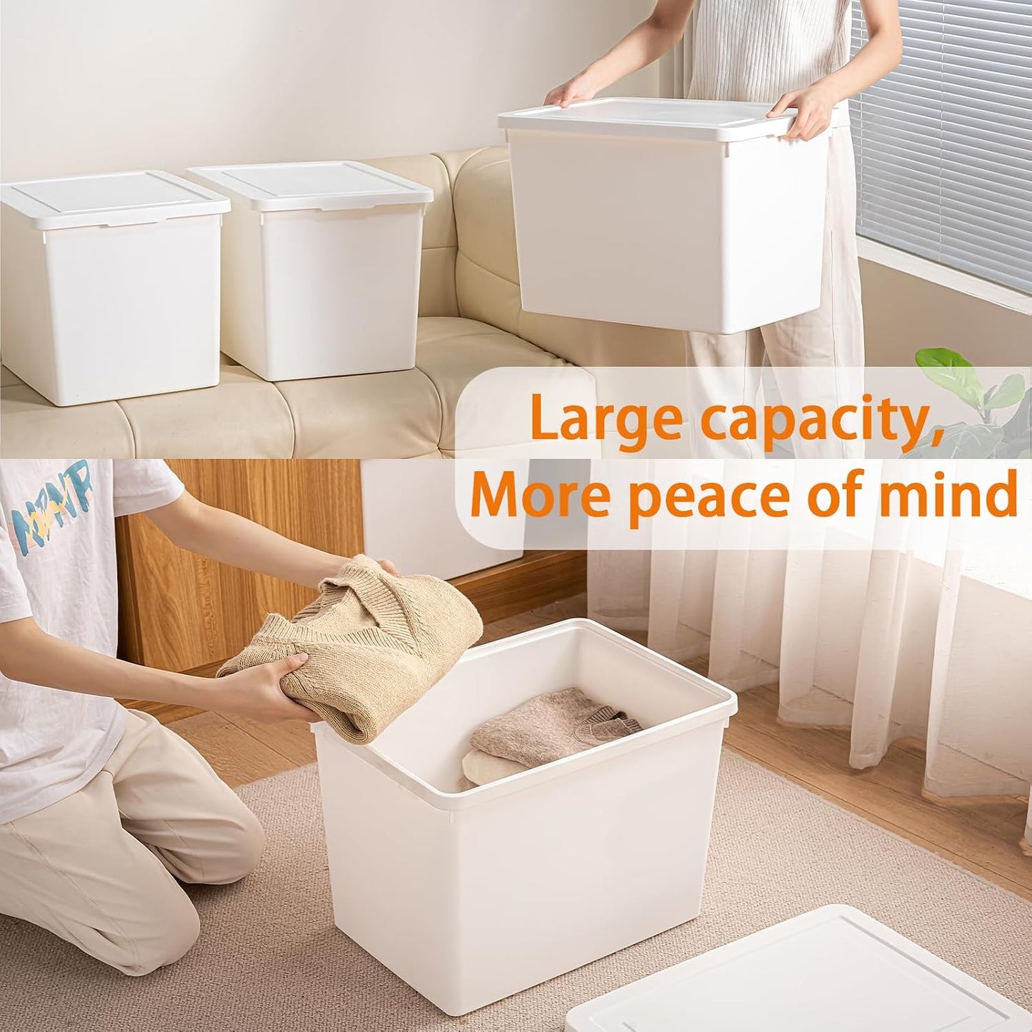 56QT+15QT high-end White multifunction storage bin with lid, Set of 8 Stackable Plastic Boxes with Handles, Office，Garage，Home, for Organizing Snacks, Crafts, Legos, Tools,books