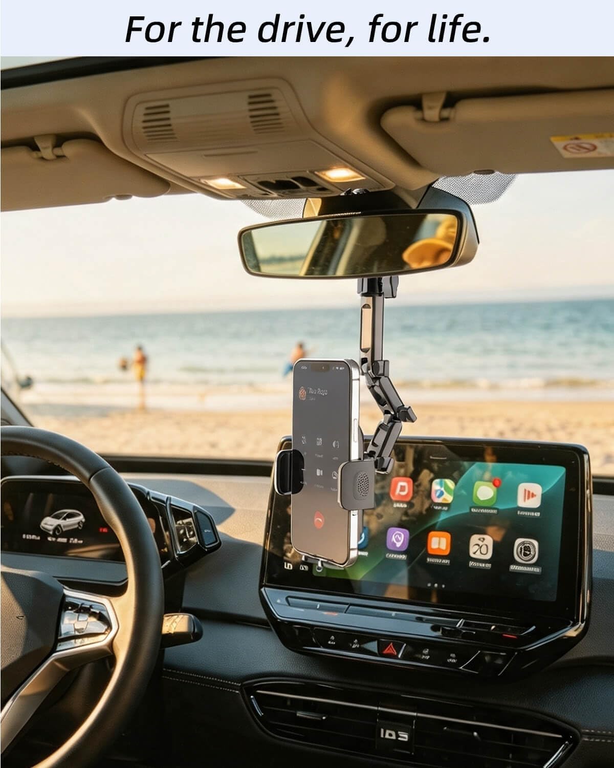 Quyee Phone Holder Car, Rear View Mirror Phone Holder - Aluminum Alloy Mount Multi-Angle Adjustment Rotatable and Retractable Compatible with All 4-7 Inch iPhone and Android Cell Phones