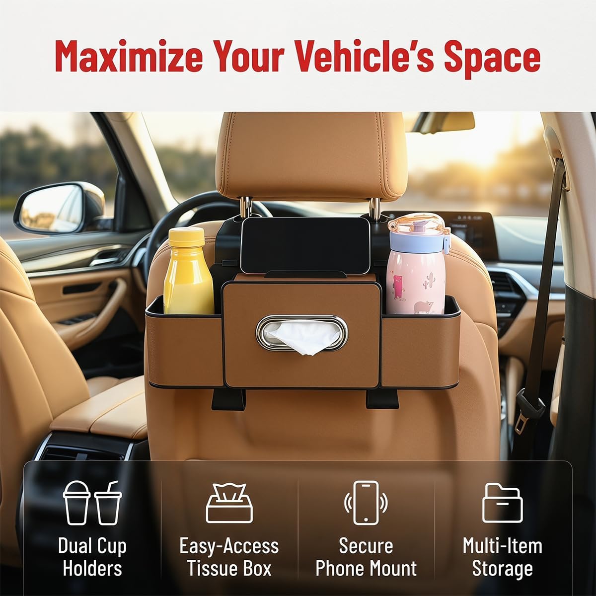 4-in-1 Car Backseat Organizer, Brown