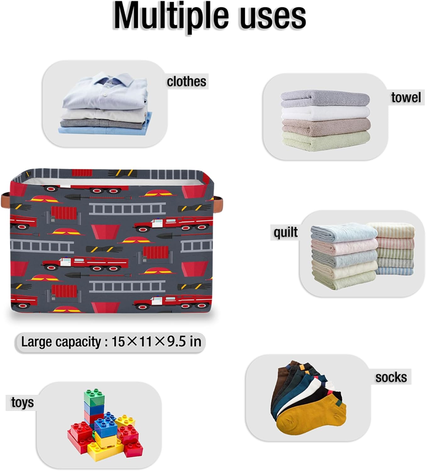 Fire Trucks Large Rectangle Storage Basket Fire Car Storage Bin Collapsible Canvas With Handles For Toy Blanket Clothes Towel Living Room Nursery Storage Organizer