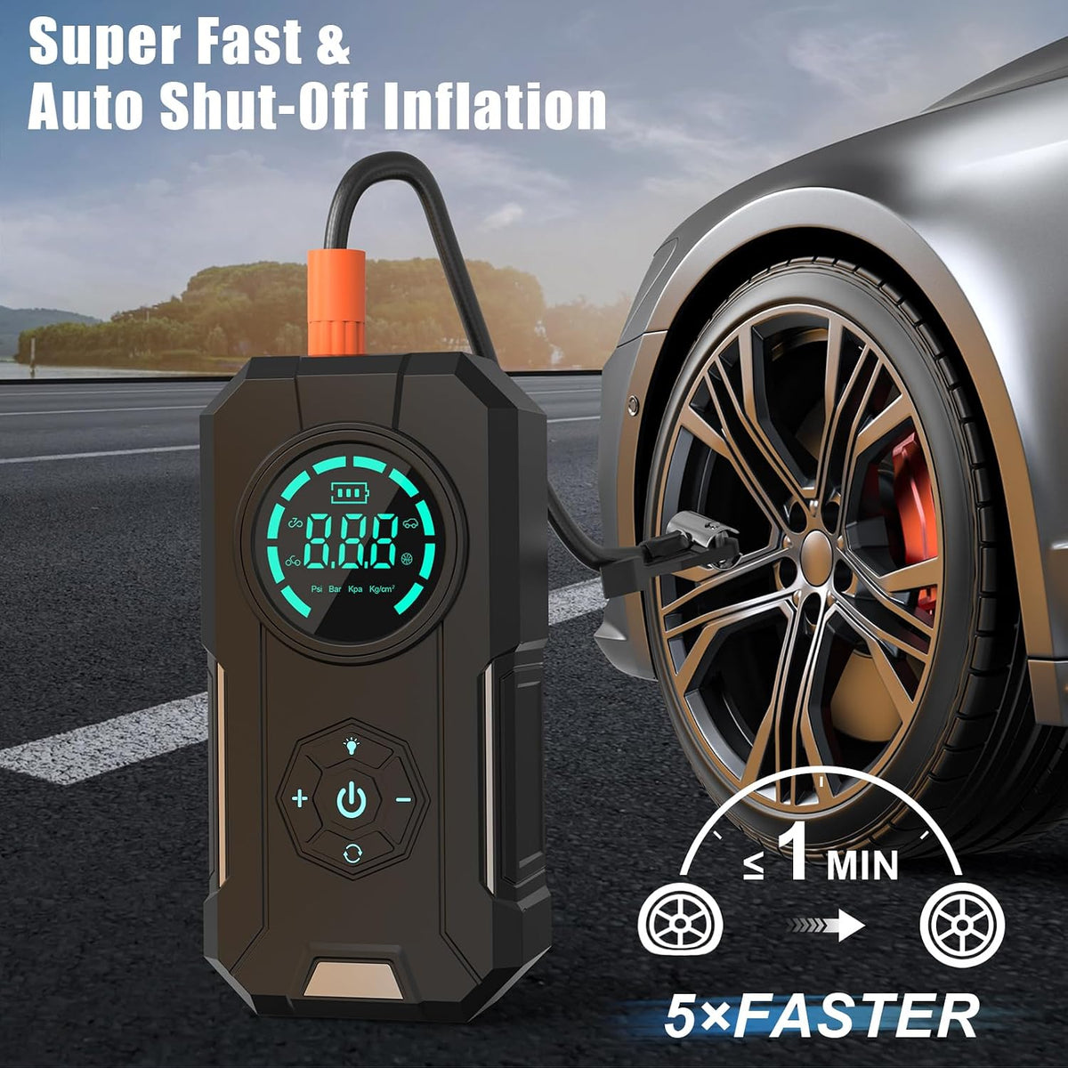 Portable Tire Inflator Air Compressor, 5X Faster 150PSI Cordless Air Pump with 25000mAh Battery Power Bank, Digital Gauge Auto Shutoff LED Light for Car Tires Bike Motorcycle Balls Roadside Emergency