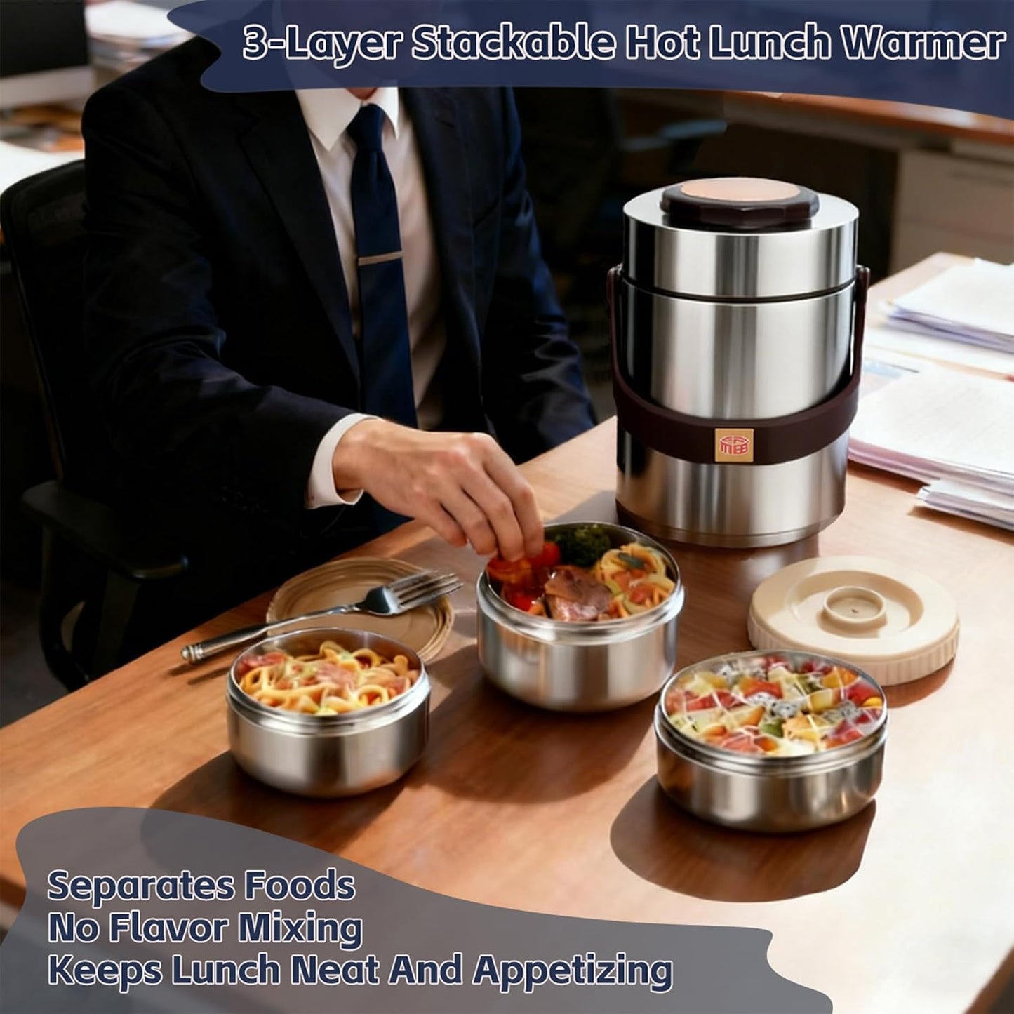 67oz Vacuum Insulated Food Container Set with 3 Stackable Compartments | Adults Thermal Lunch Box, Leak-Proof Stainless Steel Wide Mouth Thermal Food Jar for Hot Food, Office & Outdoor